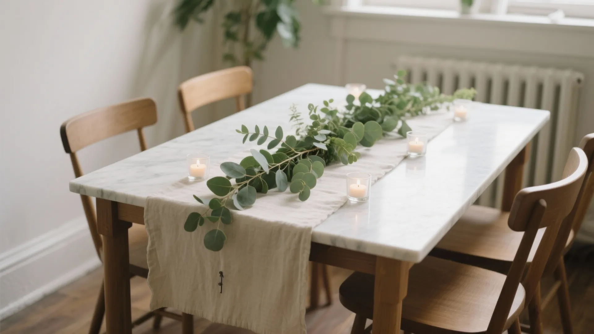 Simple greenery tablescape with fabric runners