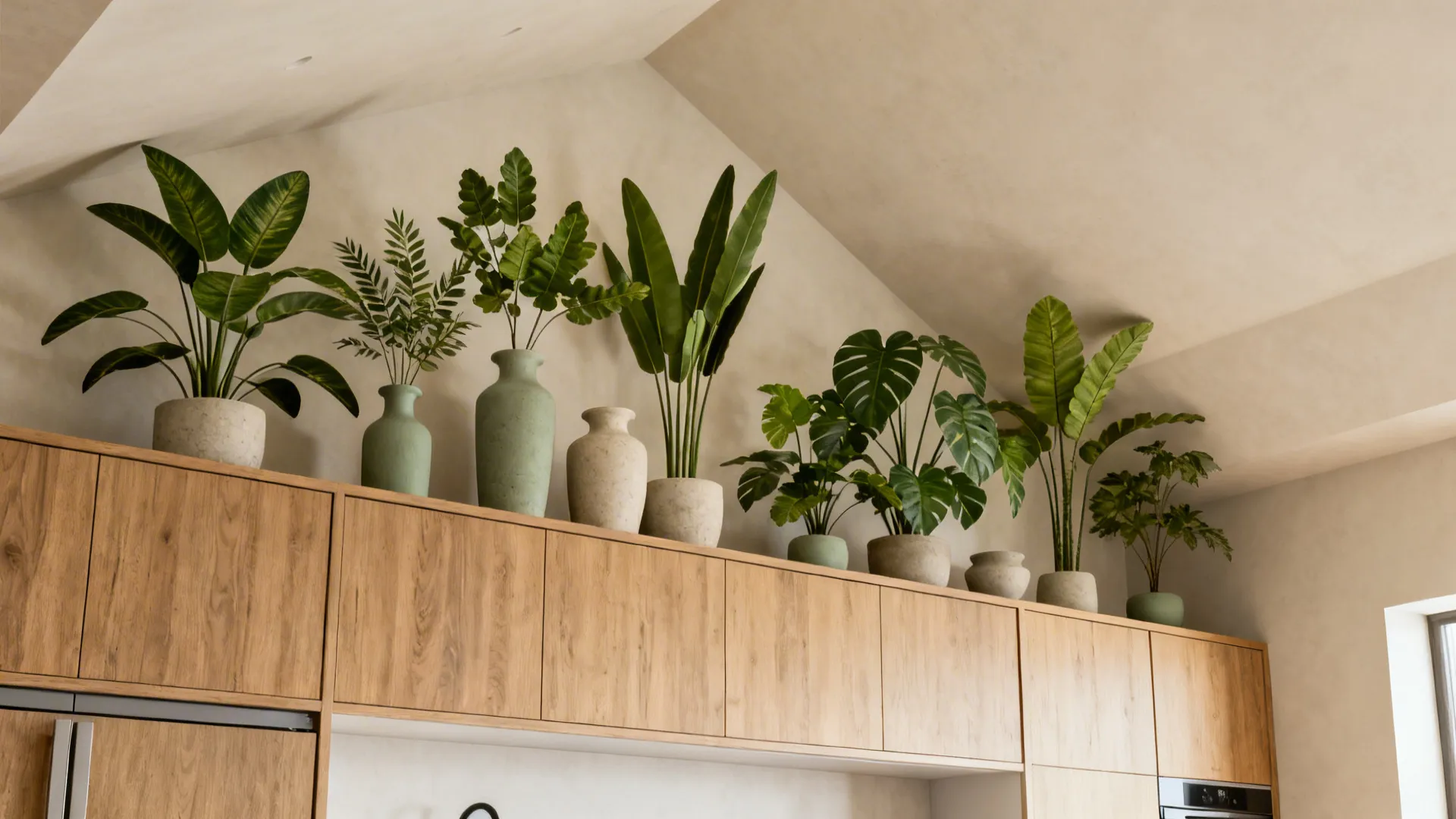 Asymmetric faux trailing plants and tall ceramic vessels styled above kitchen cabinets.