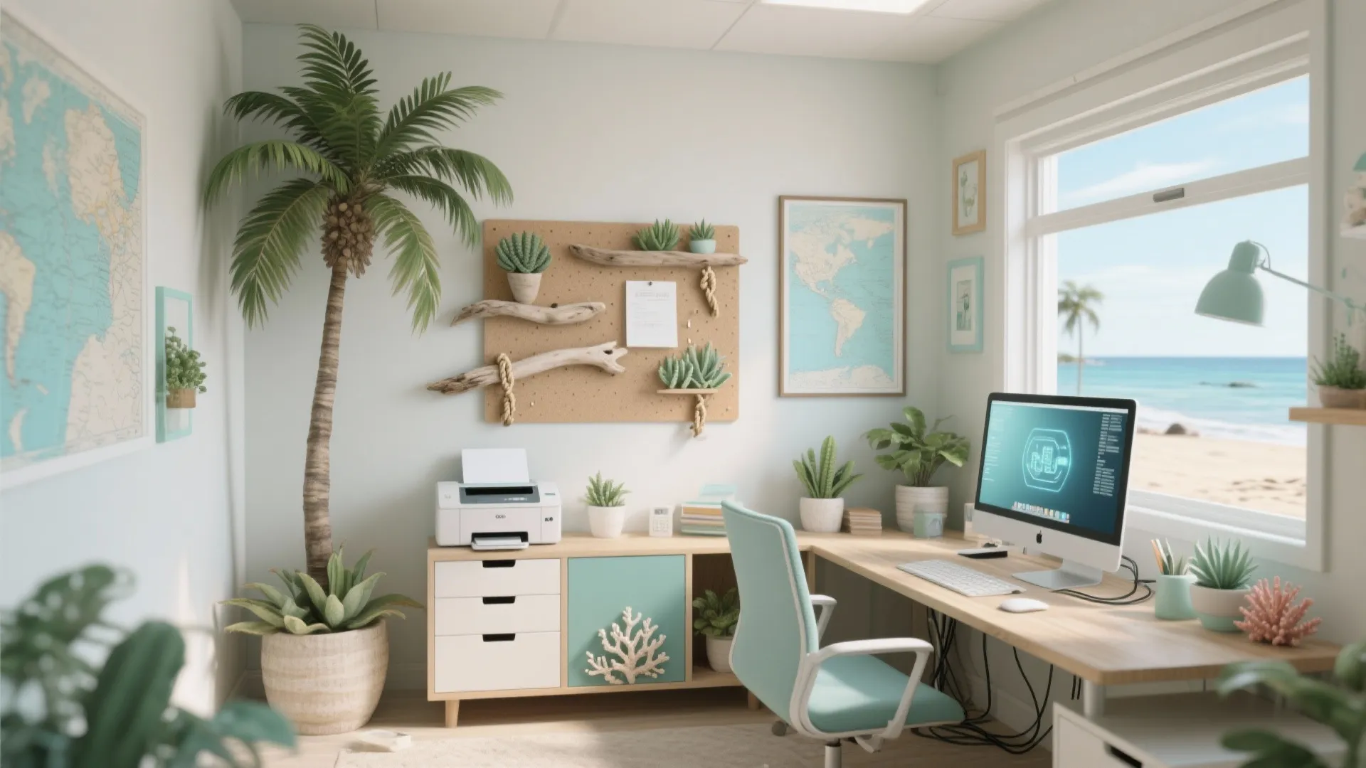 Coastal home office with wooden desk blue chair tropical plants computer and ocean view window