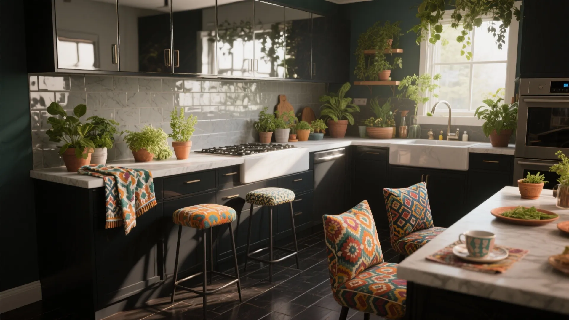Kitchen interior design with dark cabinets colorful patterned stools potted green plants and white marble countertop