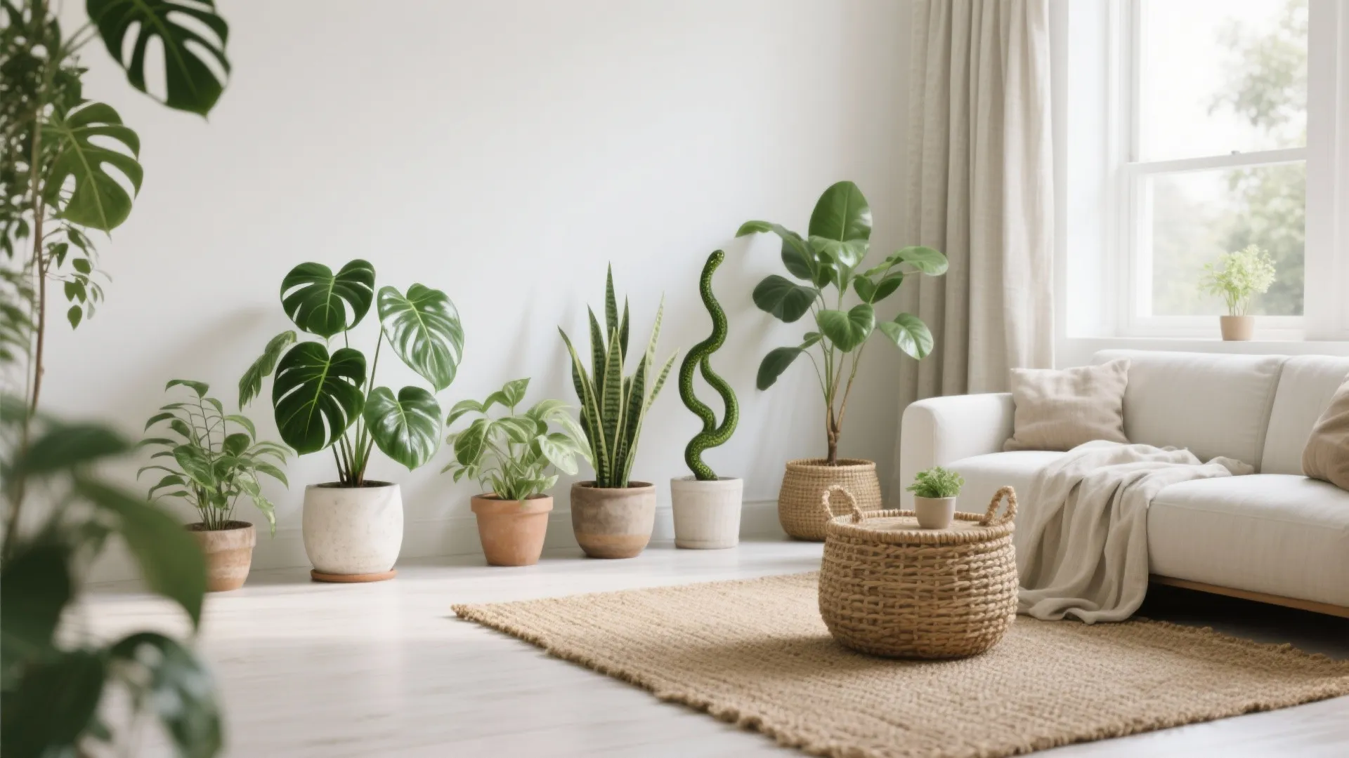 White living room with grouped houseplants, linen curtains and a jute rug creating natural warmth.