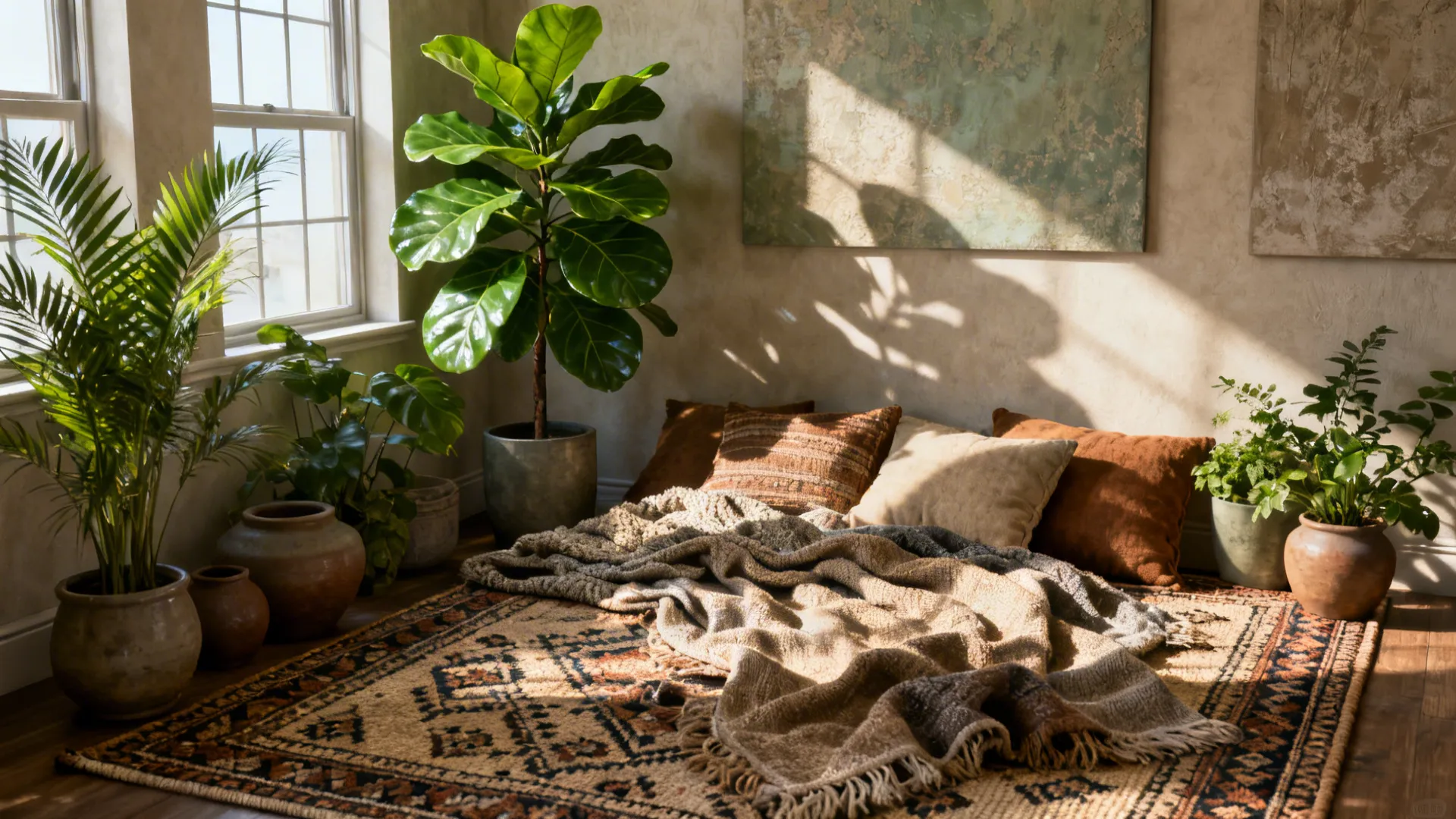 Living room with a fiddle leaf fig, woven rug and layered textiles for depth and warmth.