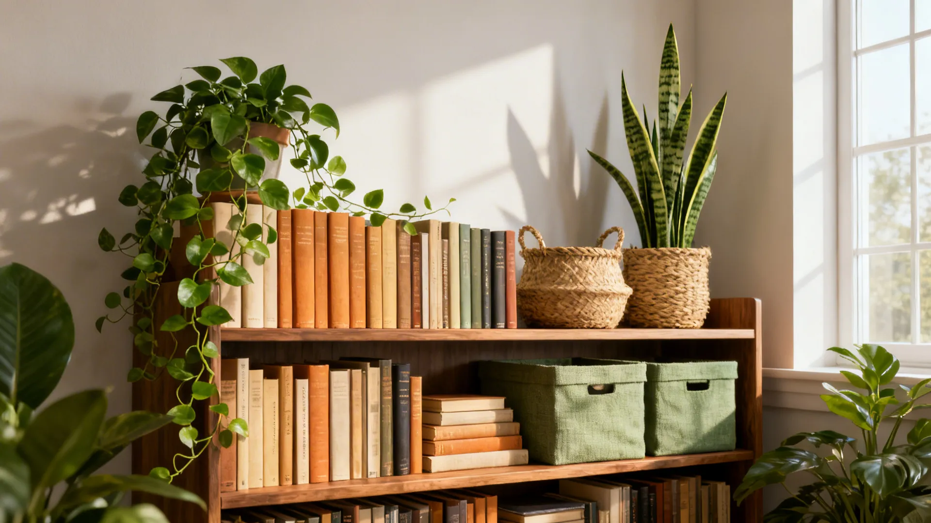 Styled bookcase with trailing pothos, snake plant, woven baskets and fabric boxes adding texture and life.