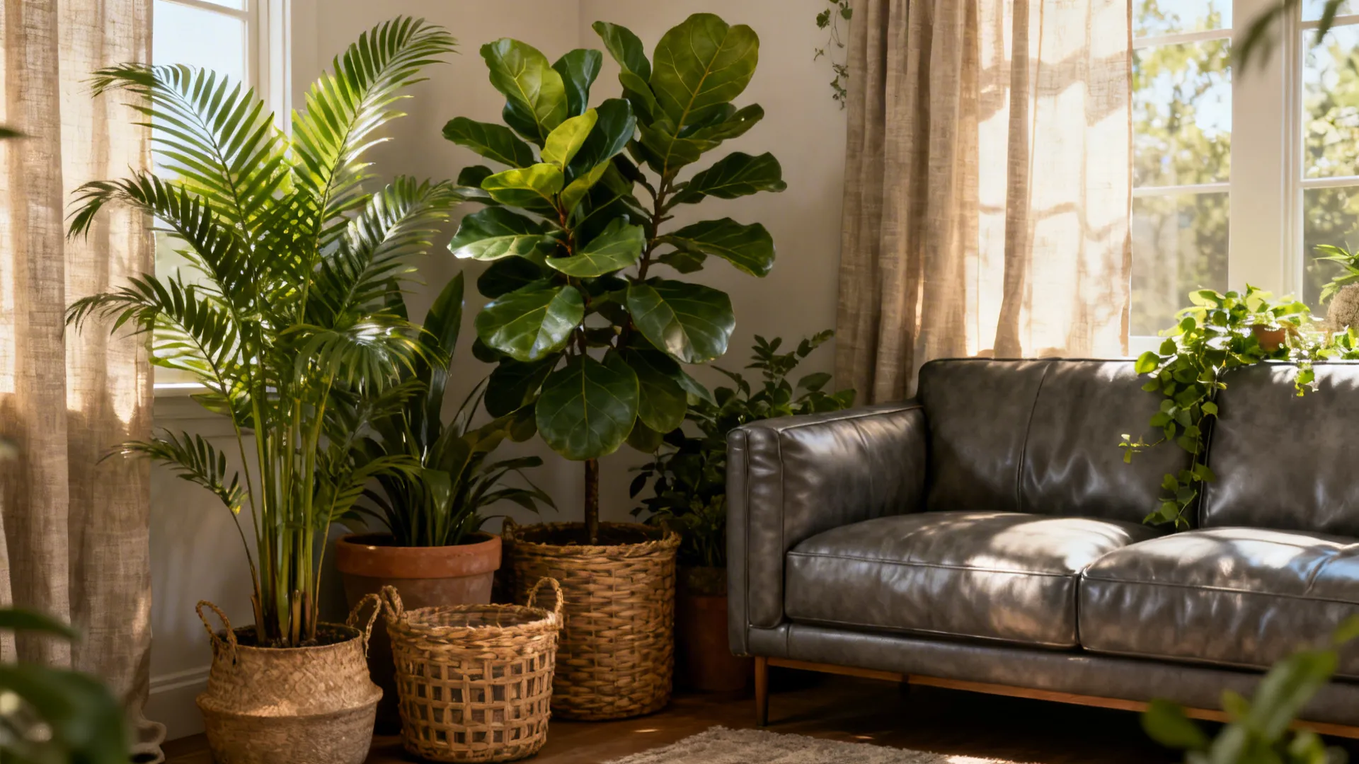 Grey leather couch beside fiddle-leaf figs, woven baskets and linen curtains.