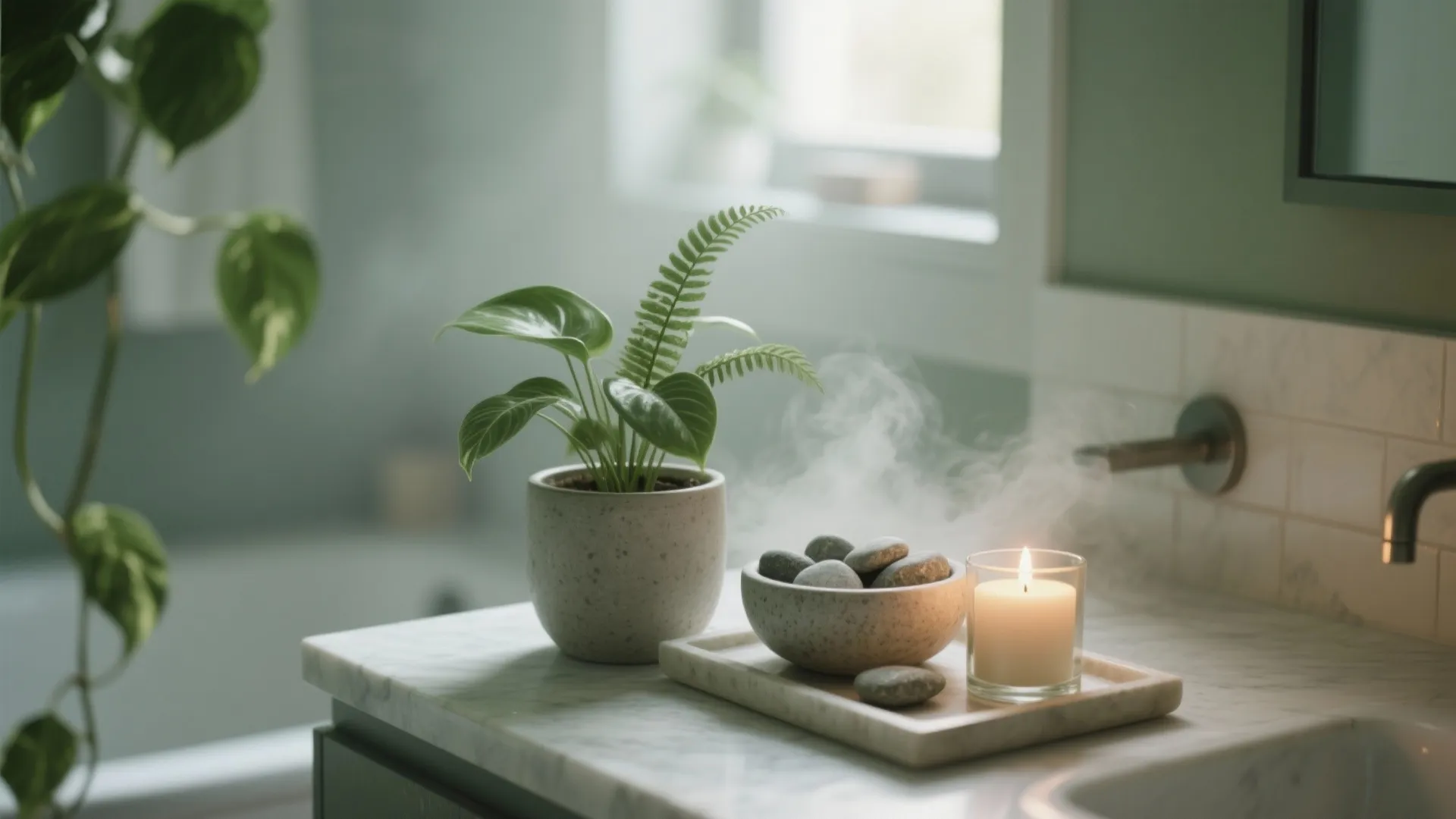 Small green plant and lit candle beside stone bowl on white marble counter in bathroom