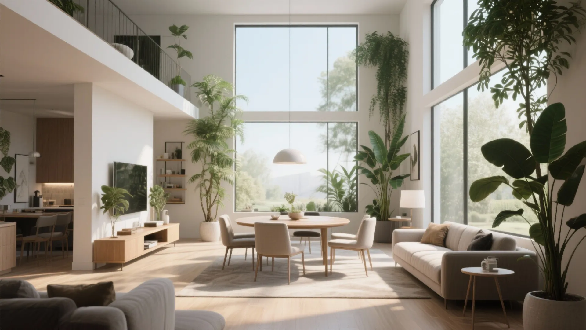 Bright high ceiling living room with large windows green indoor plants round dining table and sofa