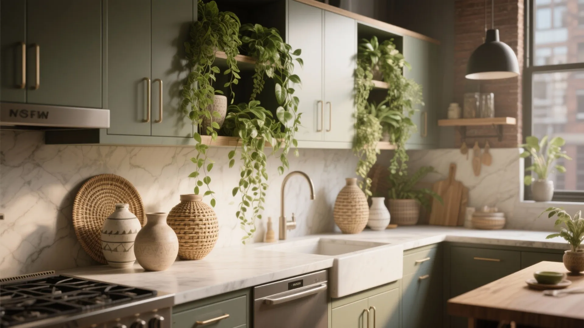 Greenery and curated collections above cabinets