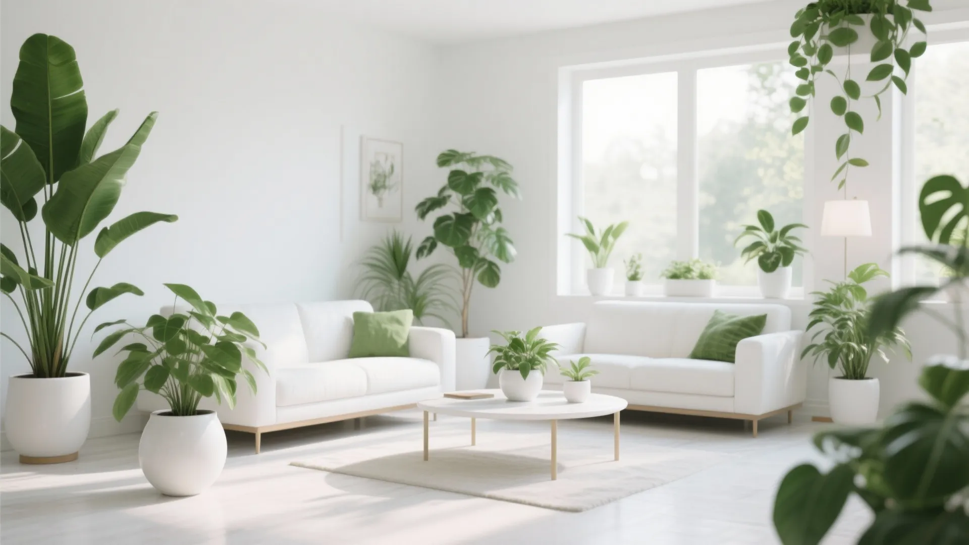 Bright white living room with two white sofas coffee table and many green potted plants