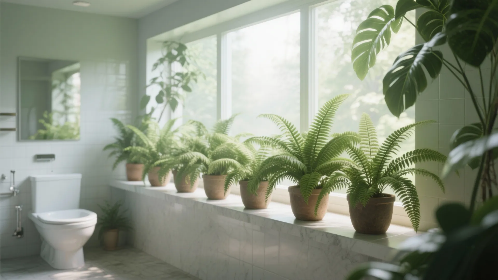 Bright bathroom featuring potted green plants on a marble ledge next to large glass windows