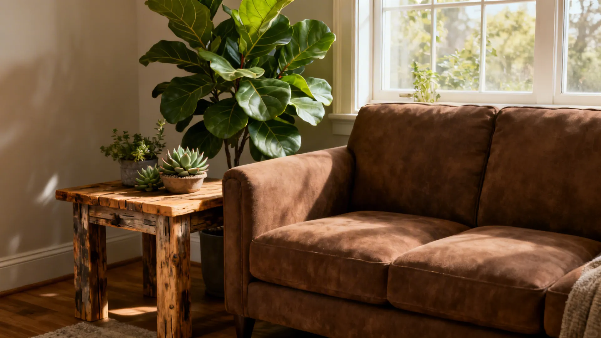 Brown sofa next to wooden side table with small plants and a large green plant