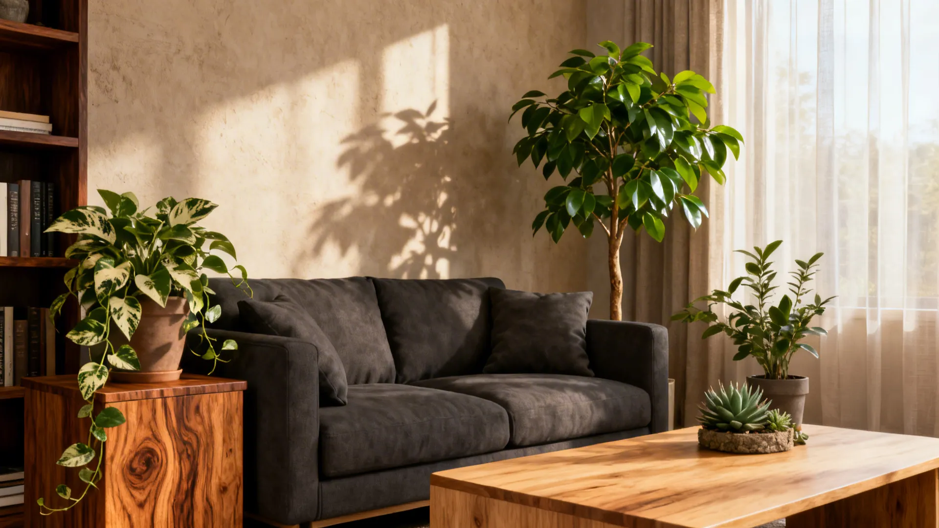 4. Greenery and Natural Wood Warmth