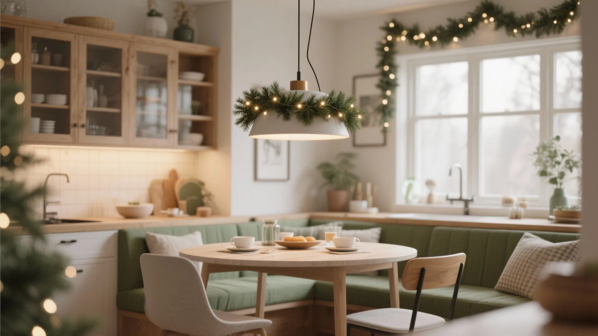 Cozy dining nook with green seating area and white ceiling light decorated with pine garland