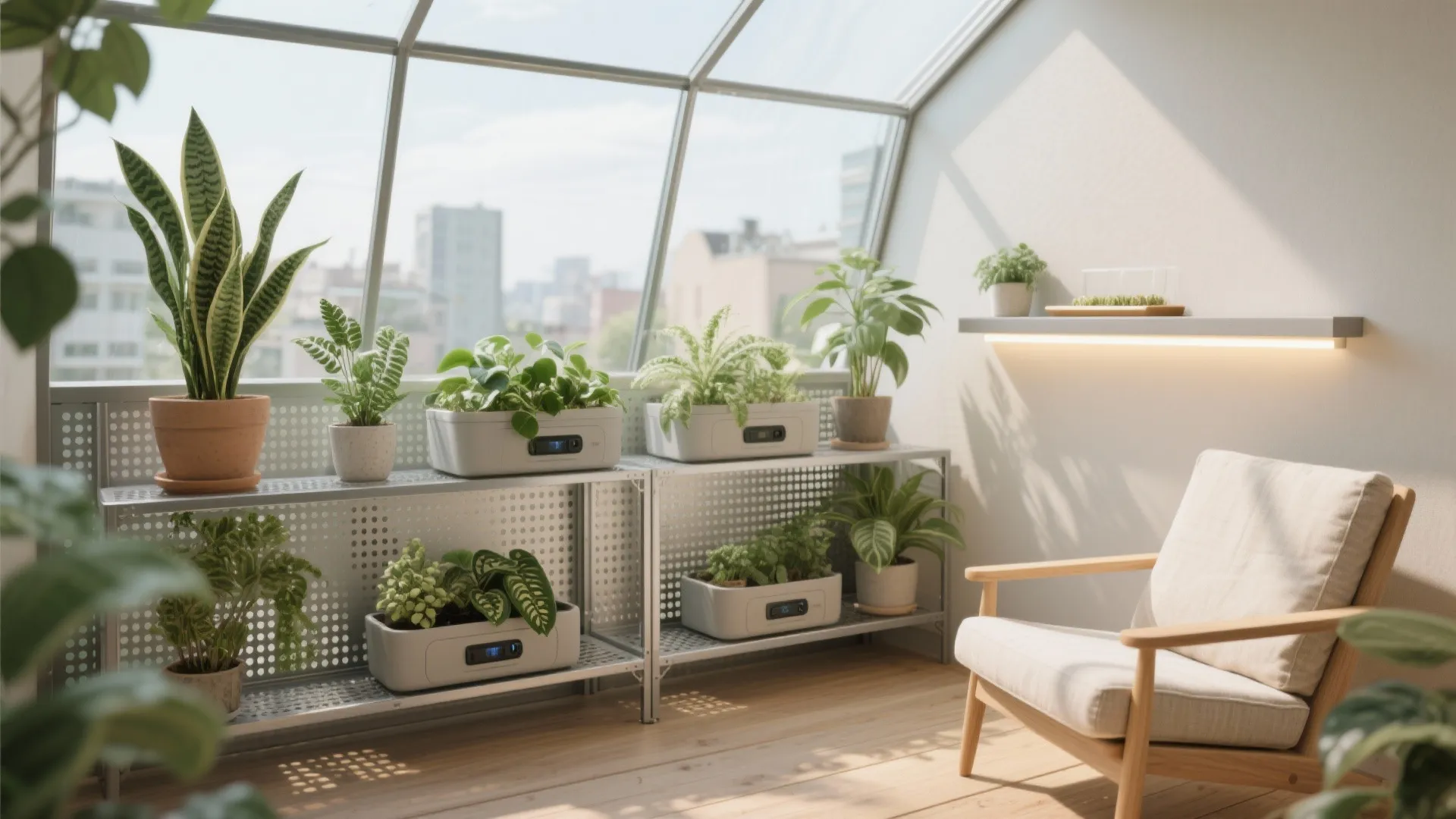 Leafy enclosed balcony with hardy plants on a perforated shelf and a cozy bench under soft daylight.