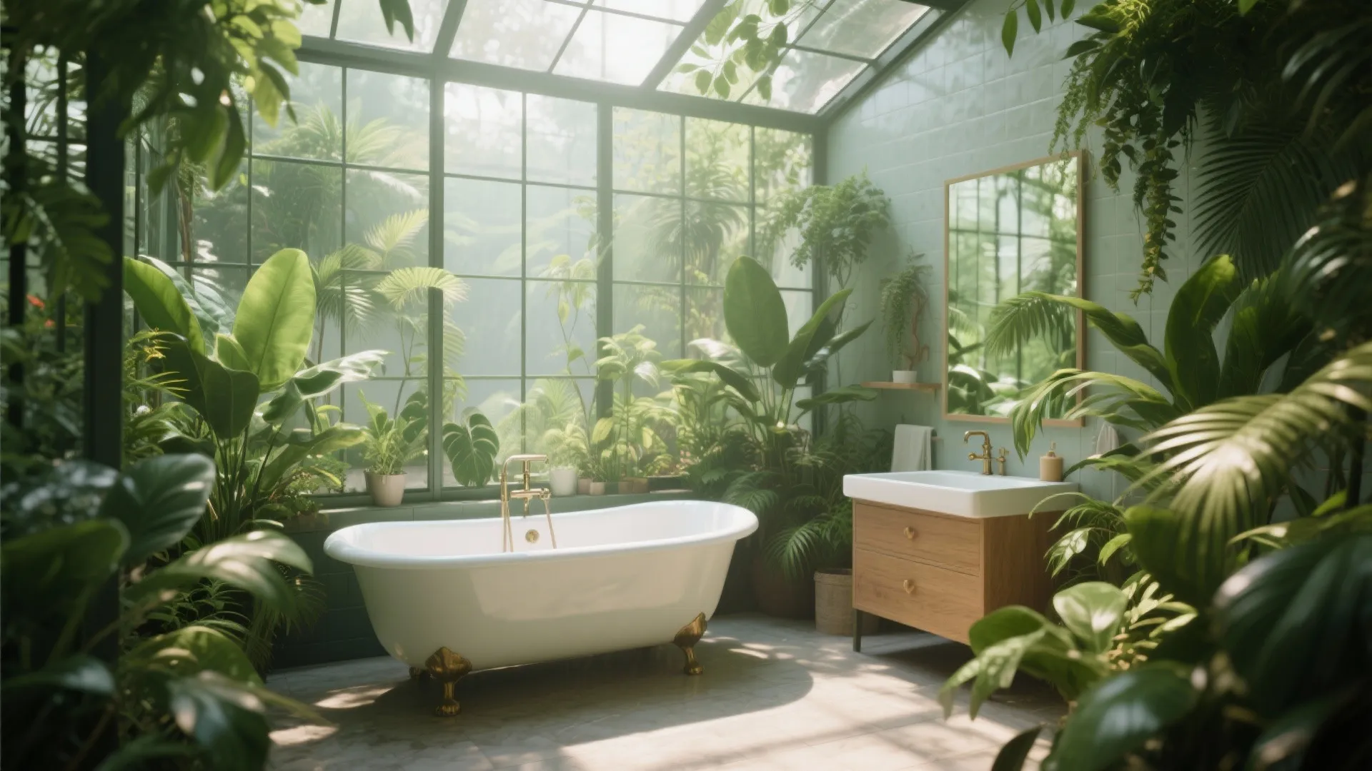 Sunlit bathroom inside a greenhouse with white bathtub wooden cabinet and many green tropical plants