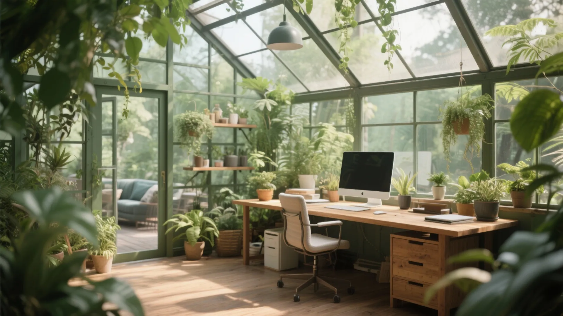 Greenhouse converted into a plant-filled workspace with natural light