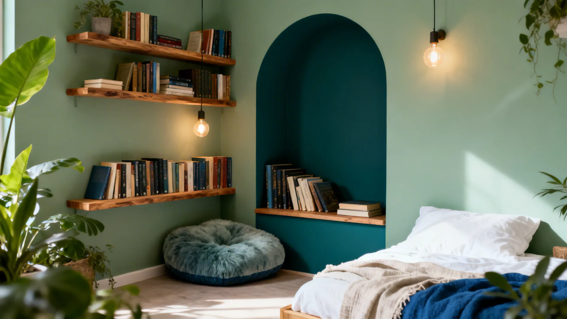 Sage-green kids’ room with a deep teal reading nook and warm lighting.