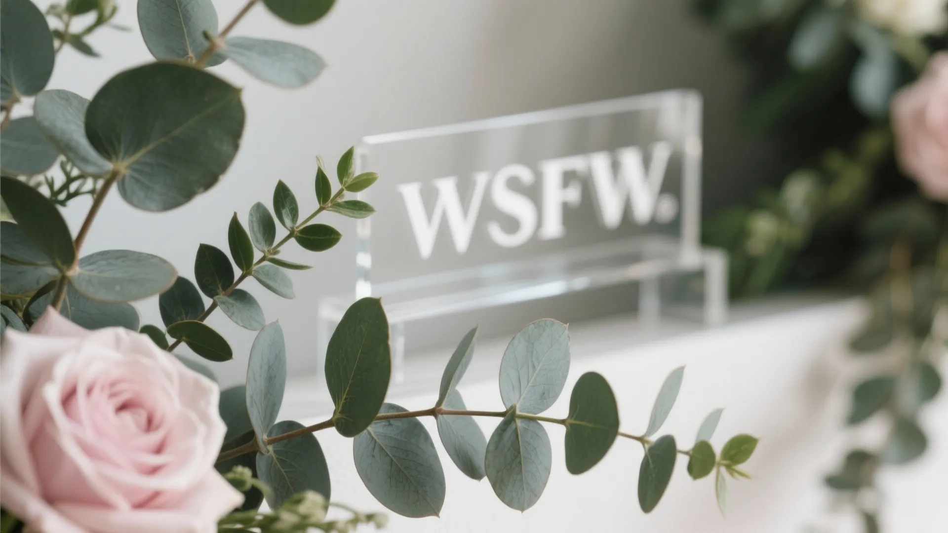Close-up of eucalyptus and ruskus leaves with soft-focus baby name plaque in the background.