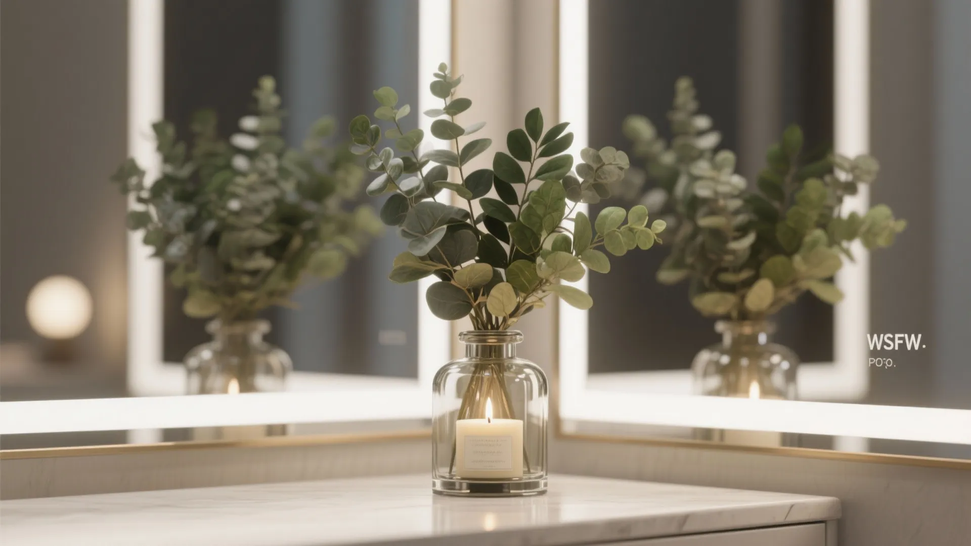 Vase of mixed faux and sealed greens reflected in a bathroom mirror with a hurricane-glass candle in background.