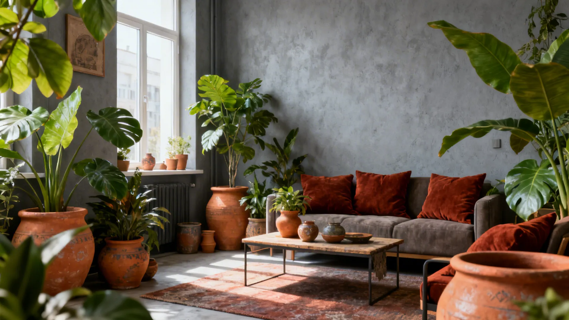 Grey walls complemented by terracotta pots, rust cushions and lush greenery for a grounded, warm atmosphere.