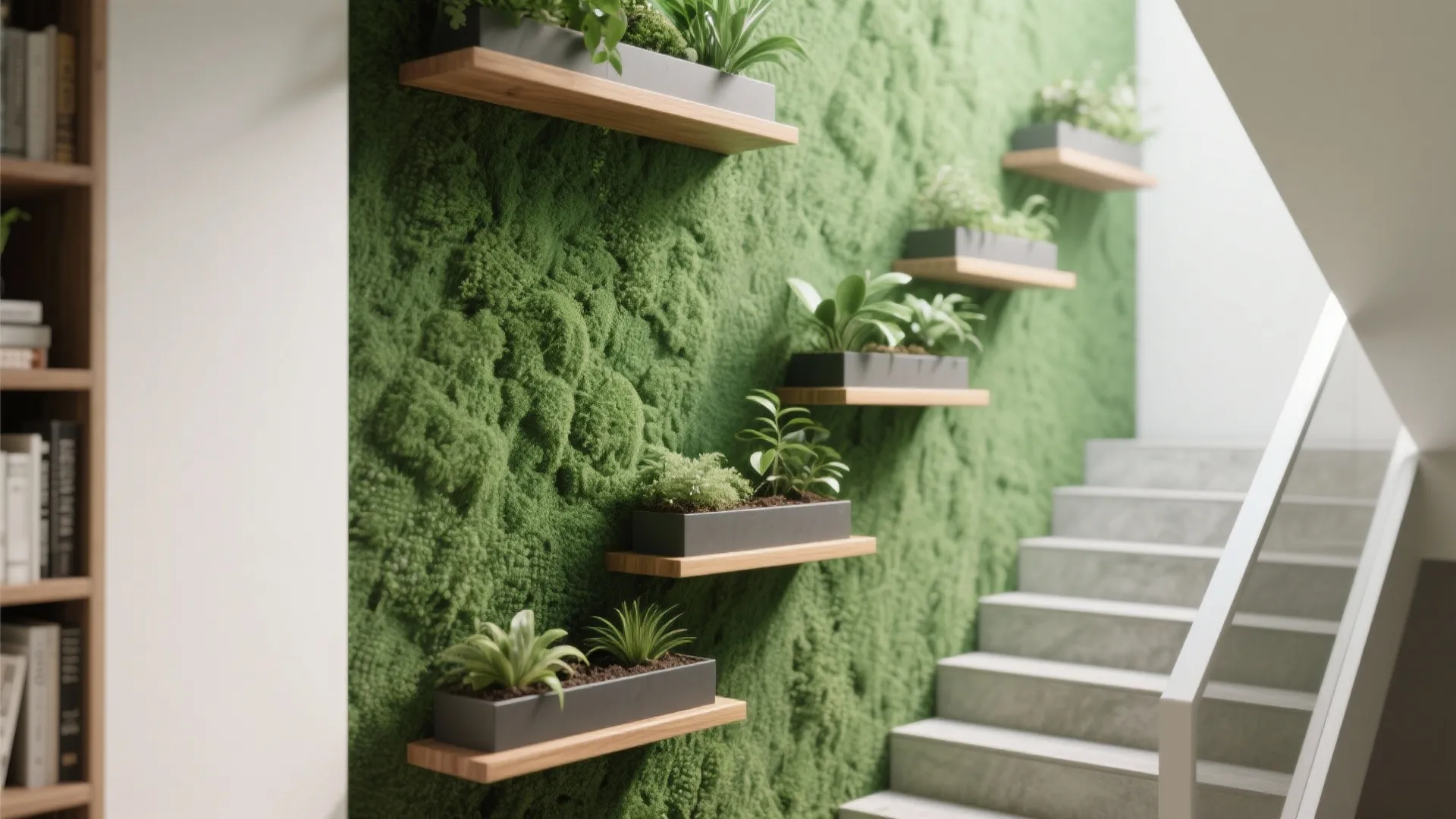 4. Vertical storage and green walls along the stair run