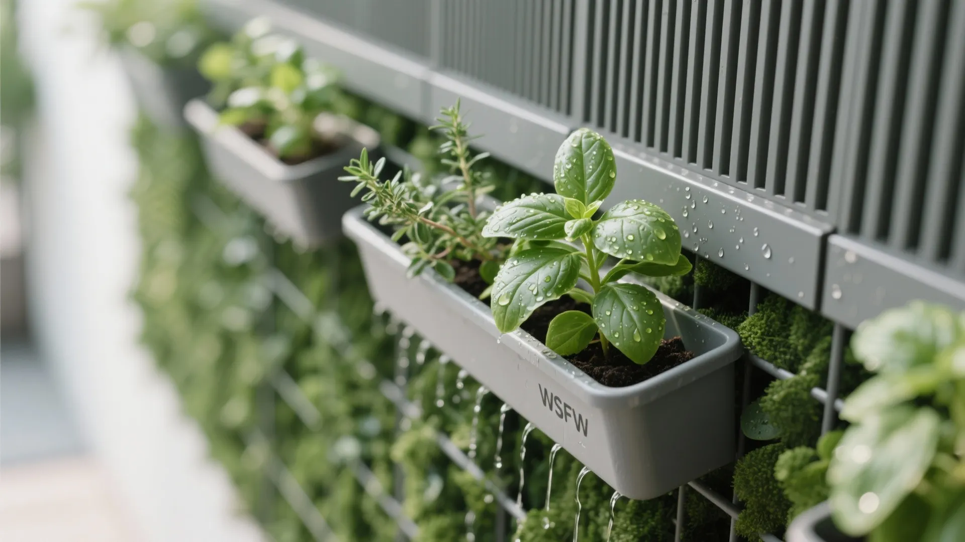Macro of herb wall planters with drip irrigation and fresh basil leaves.