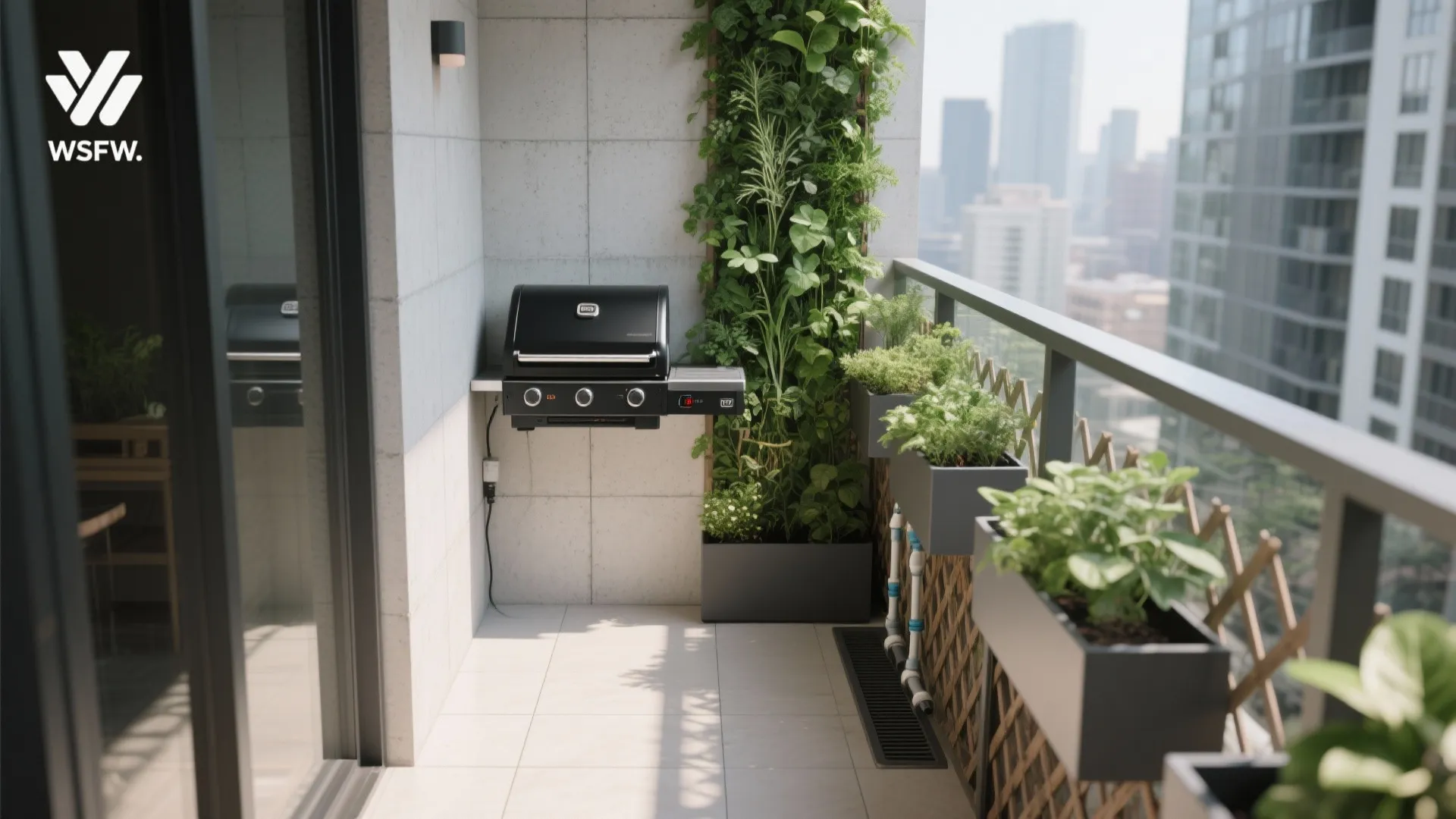 Narrow balcony with vertical herb wall and slim electric grill against a fireproof panel.