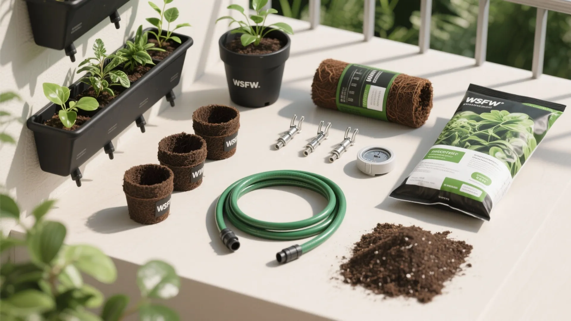 Flat lay of modular wall planters, coco liners, drip kit, timer, and clips for a vertical garden.