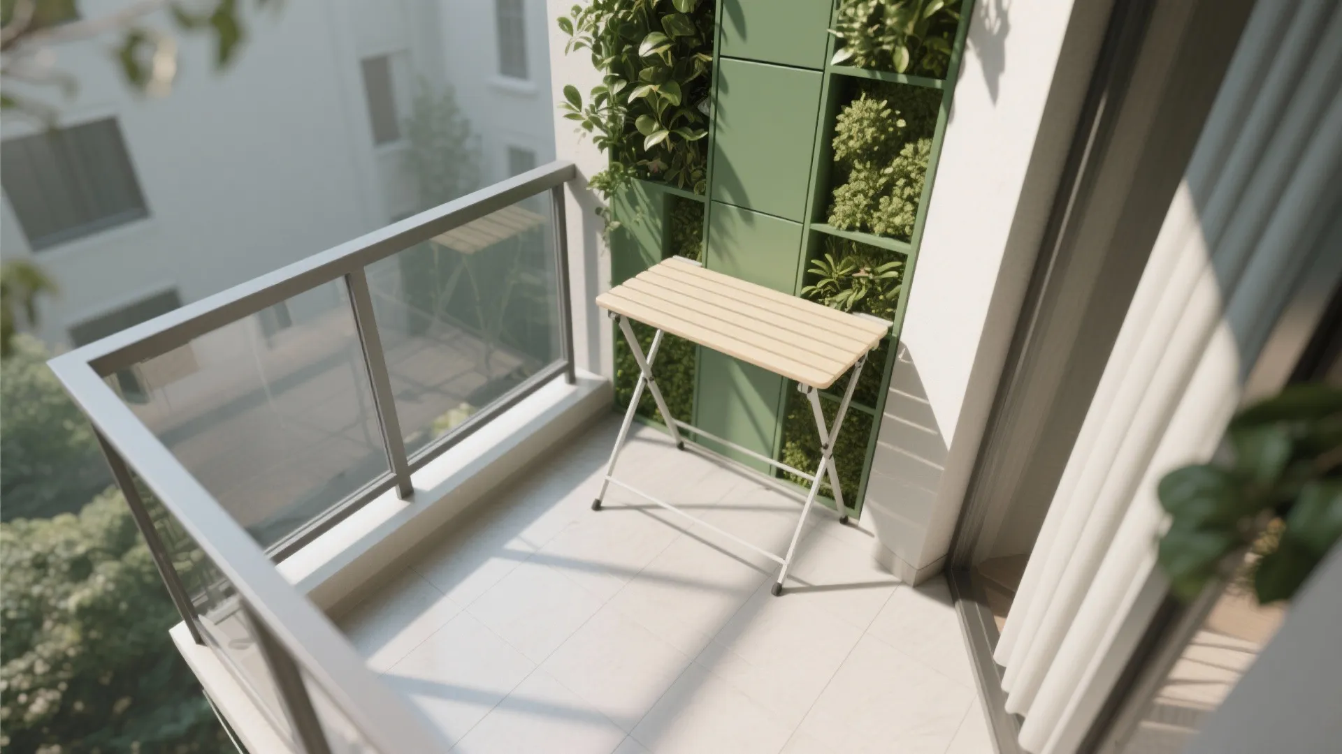 Top-down balcony plan with vertical green wall modules and fold-down table clearance.