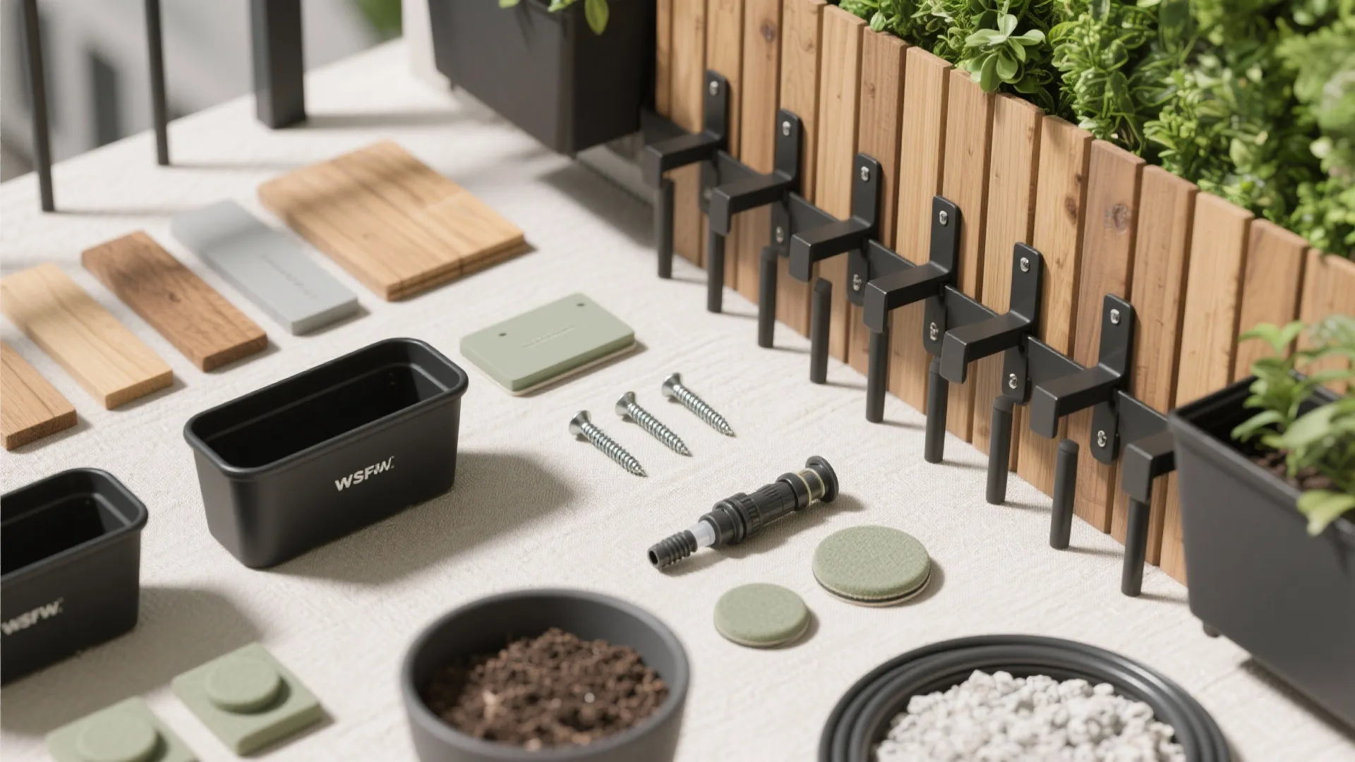 Garden wall materials including wood panels black hooks screws small black pots and soil on table
