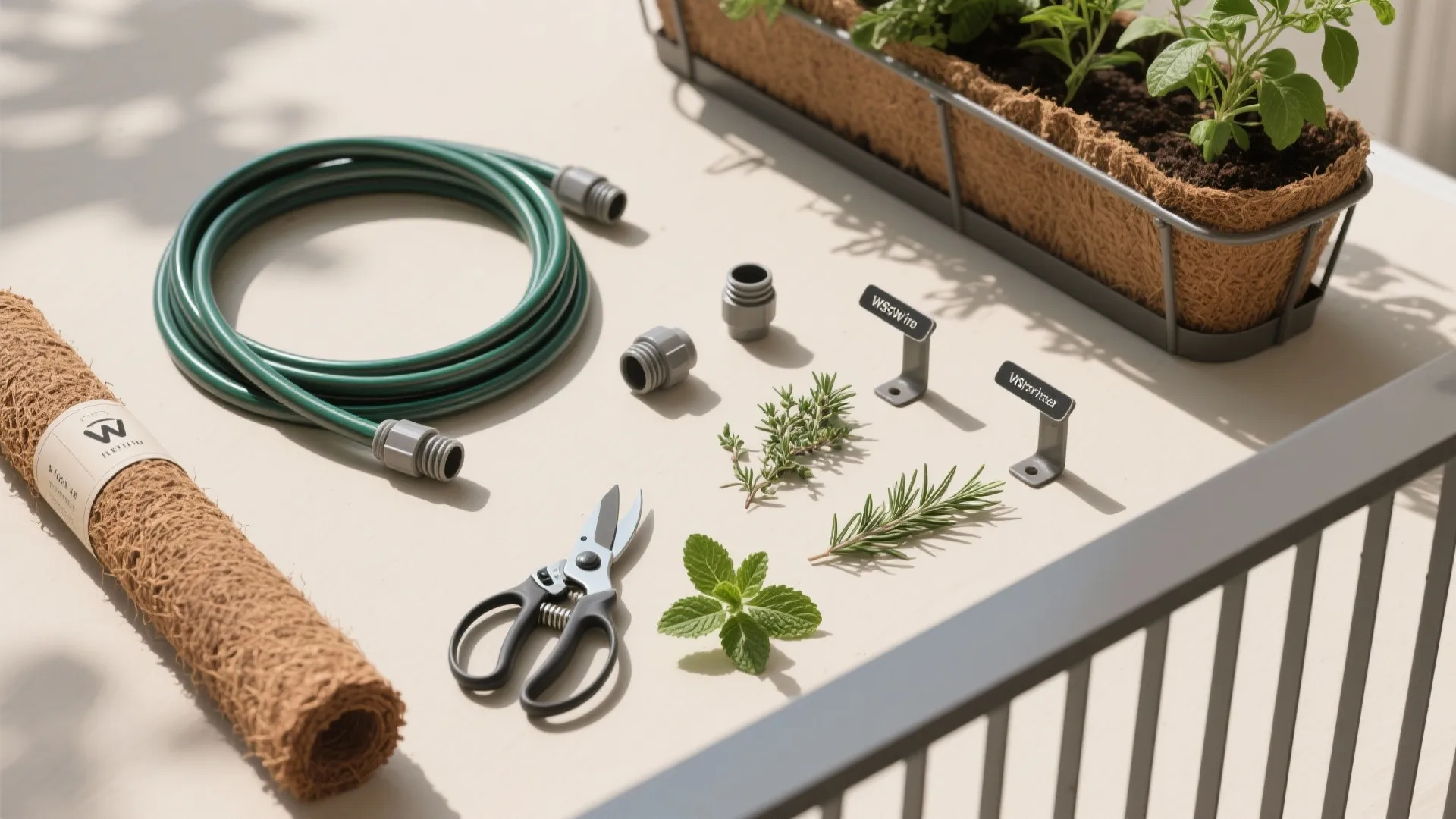 Gardening tools and materials including a green hose scissors herbs and a planter on table