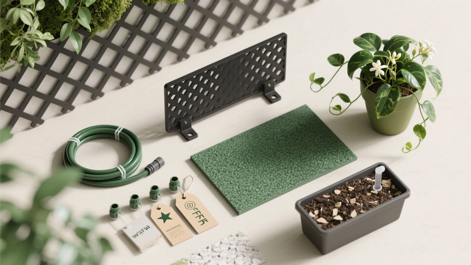 Flat lay of lattice panel, stand-offs, irrigation parts, planter chips, and plant tags.