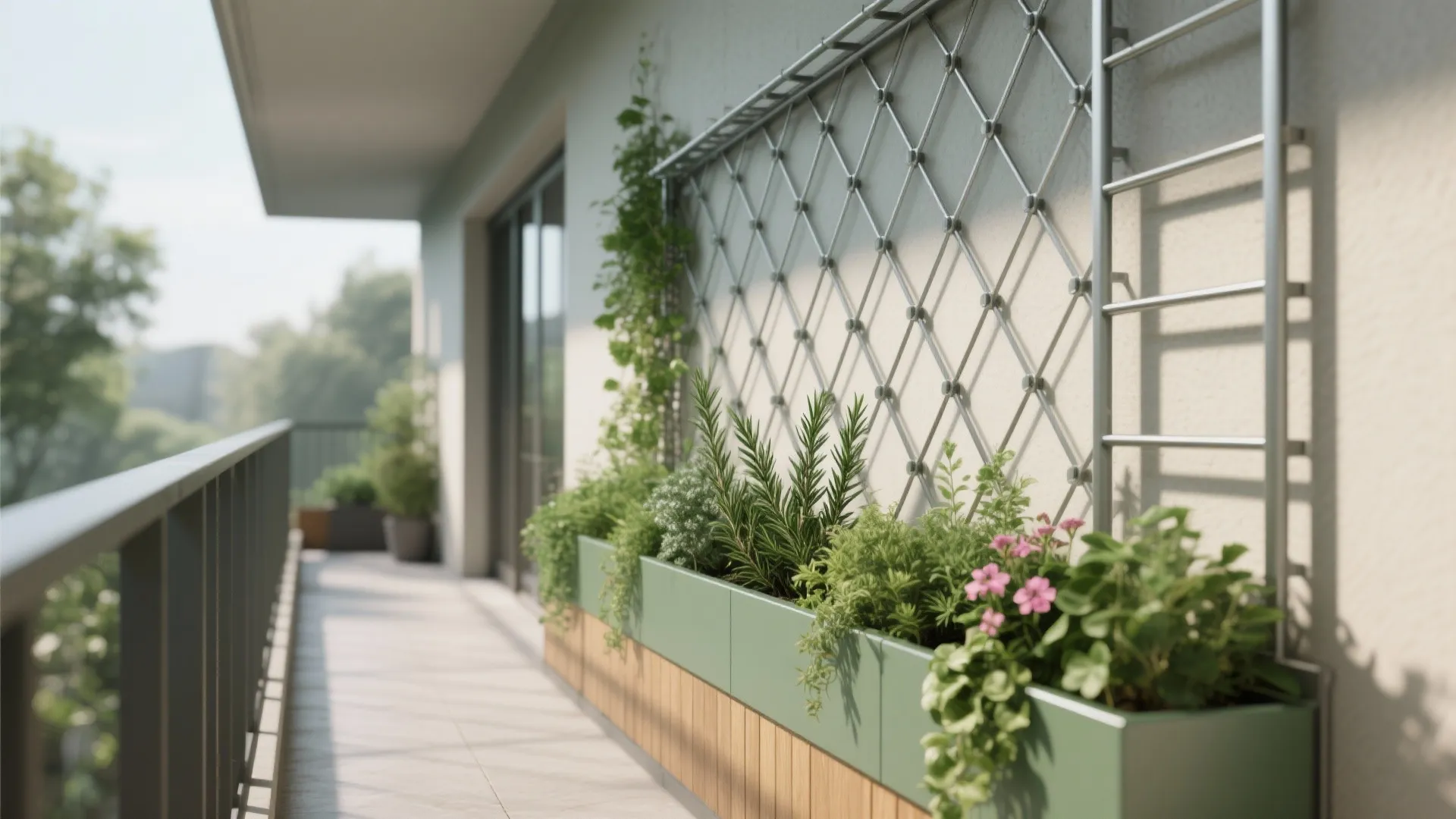 Modern balcony with green planter boxes on wooden wall and metal wall grid for climbing plants
