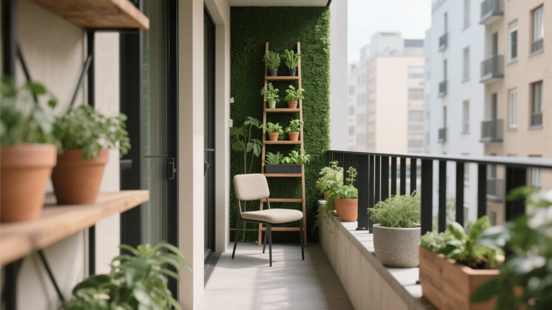 Narrow balcony with vertical garden and railing planters leaving clear walkway.