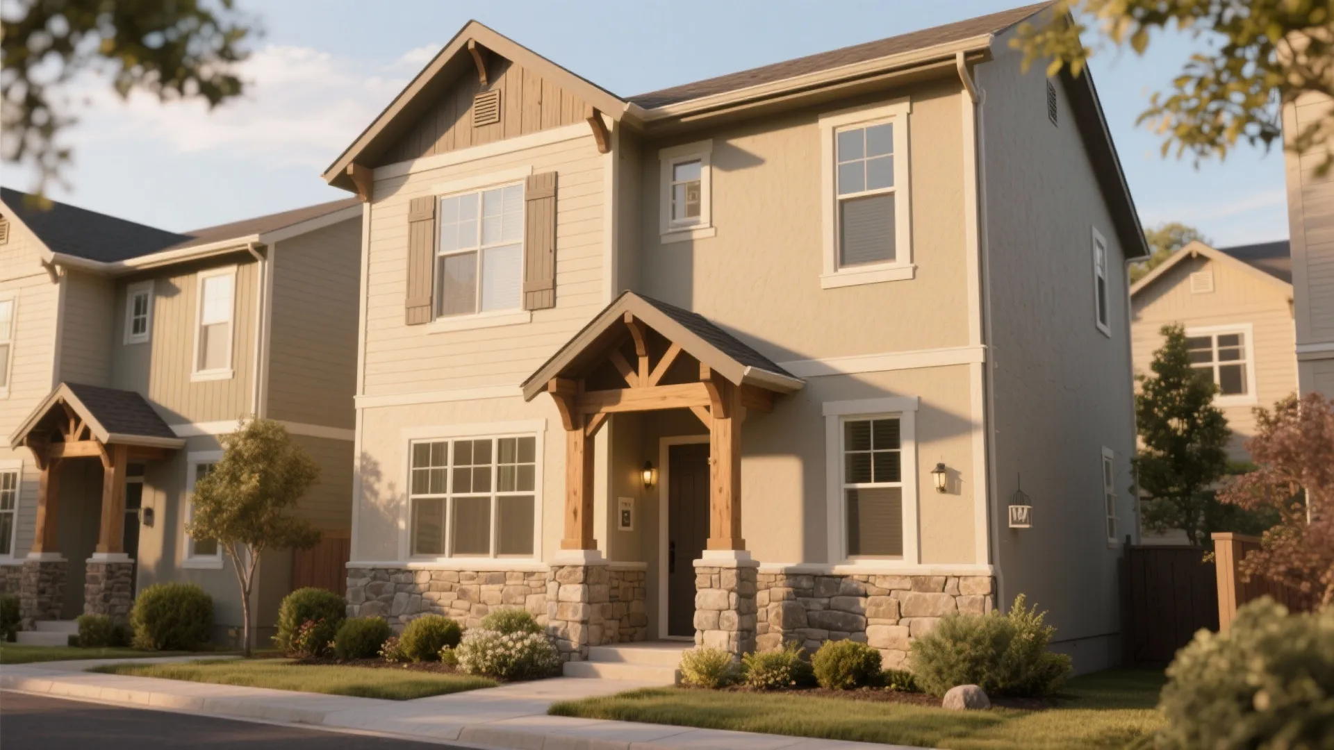 Two story beige house with stone wall panels and wooden porch posts on quiet street