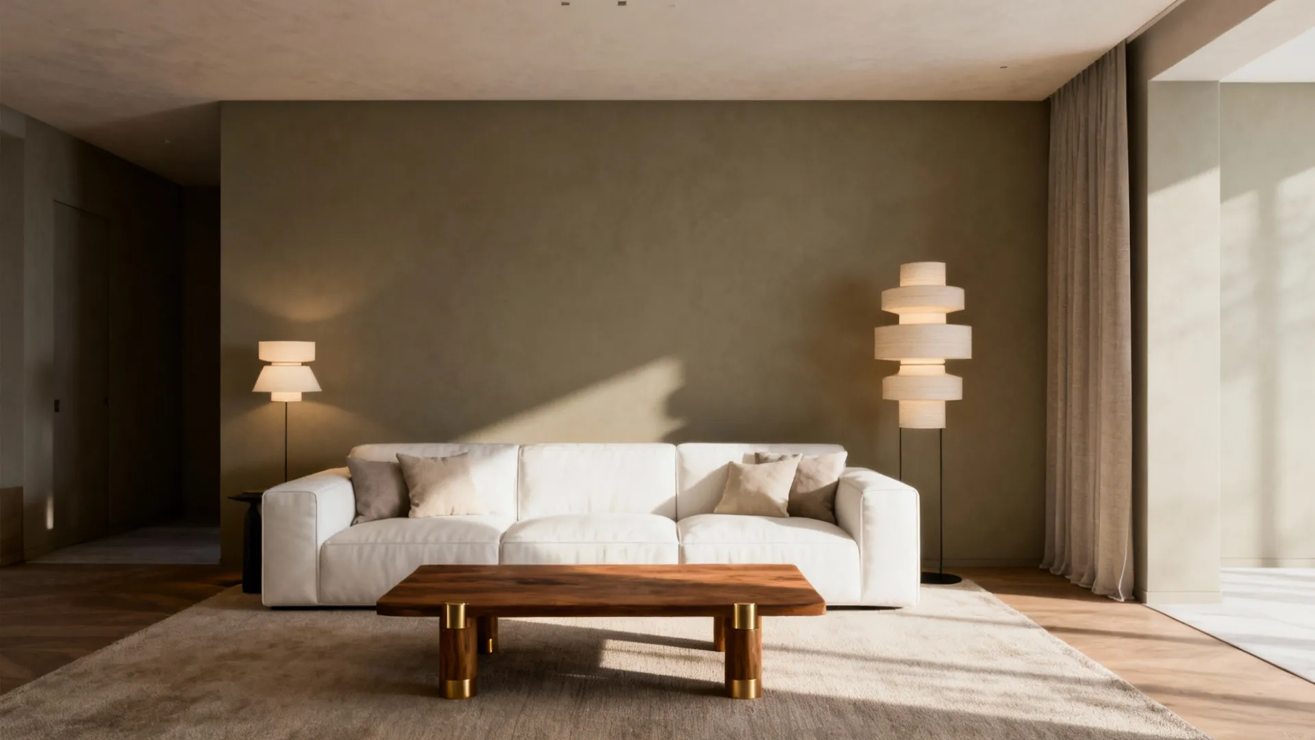 Modern living room with white sofa wooden coffee table and floor lamps against greige walls
