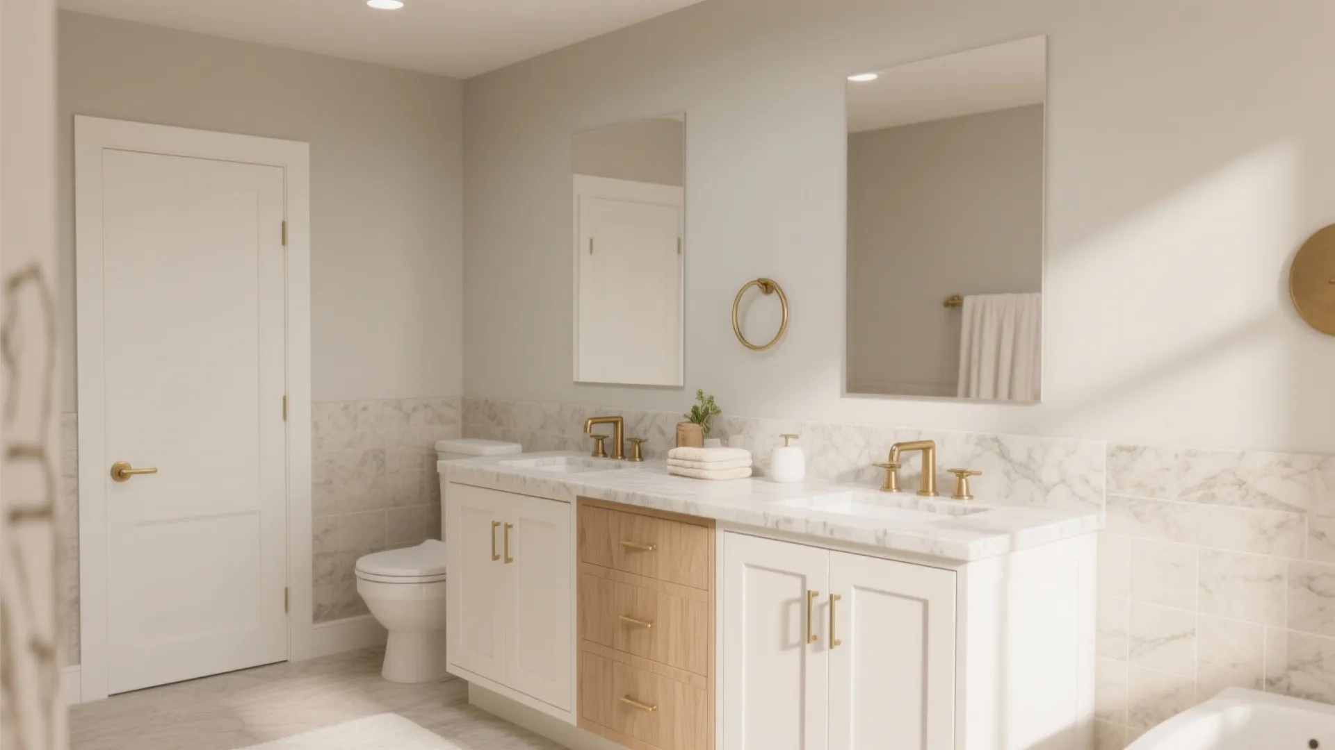 Bright bathroom with double sinks wooden cabinet white door marble wall panels and gold light fixtures