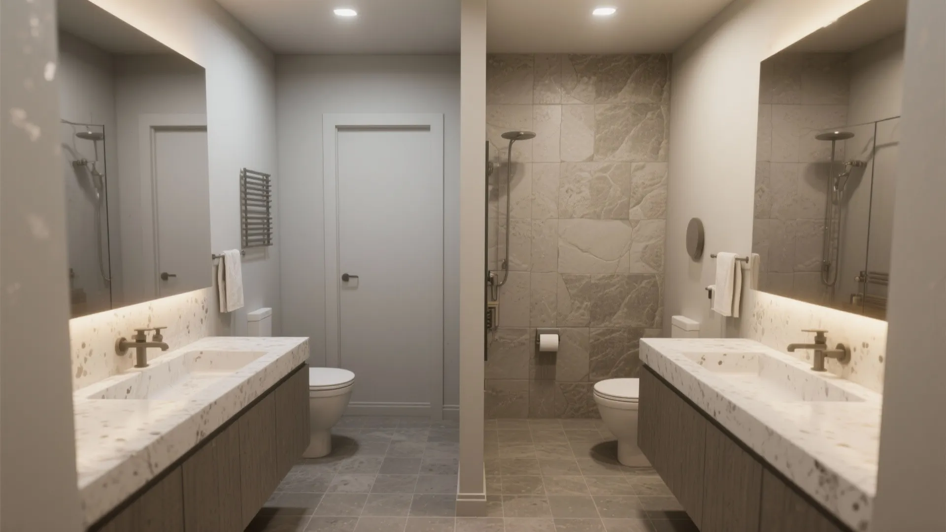 Modern bathroom design with grey stone tiles white sink wooden cabinet large mirror and toilet