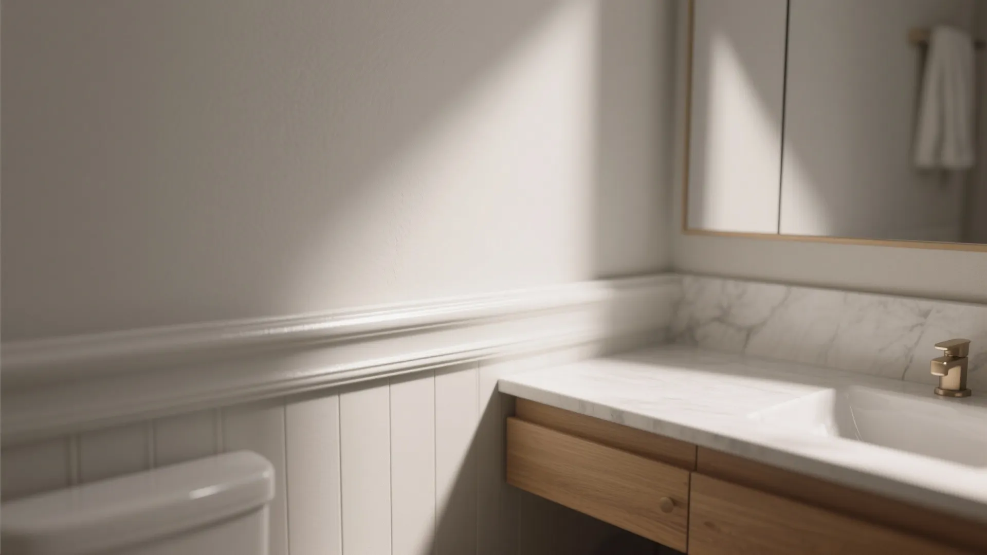 Close-up of soft greige wall with semi-gloss trim and warm wood vanity in a small bathroom.