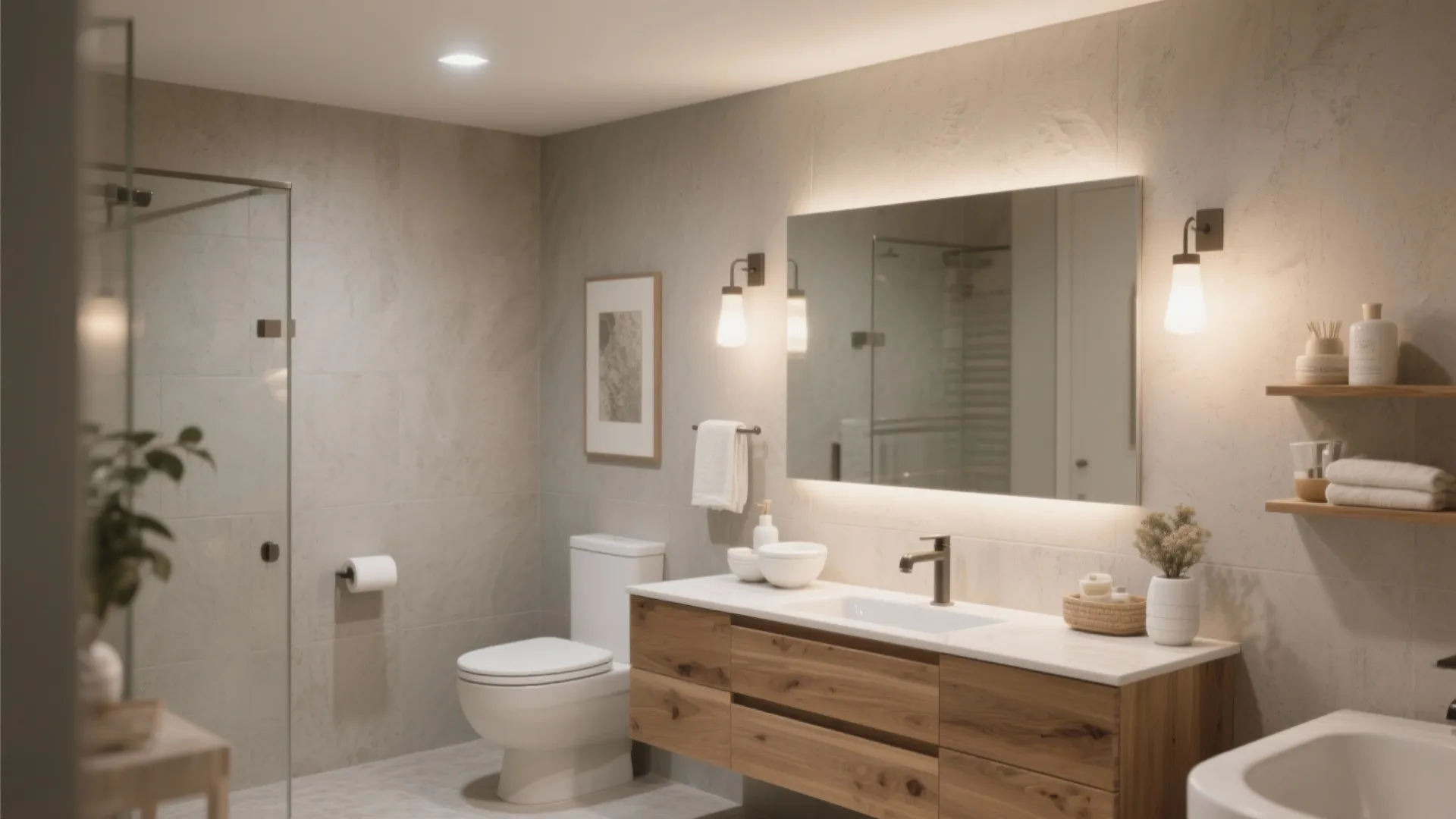 Greige bathroom with warm wood accents and soft lighting
