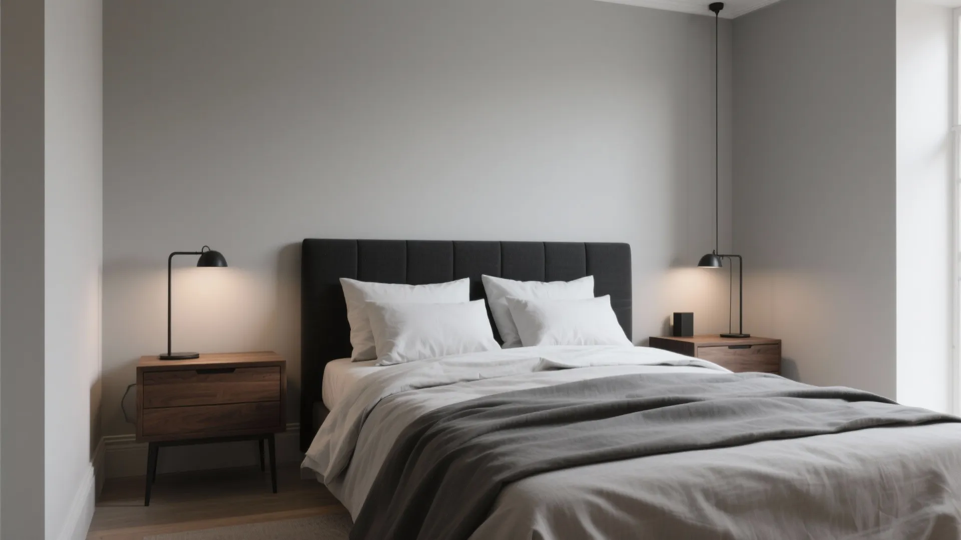 Minimalist bedroom with gray walls dark headboard white pillows wooden nightstands and black table lamps