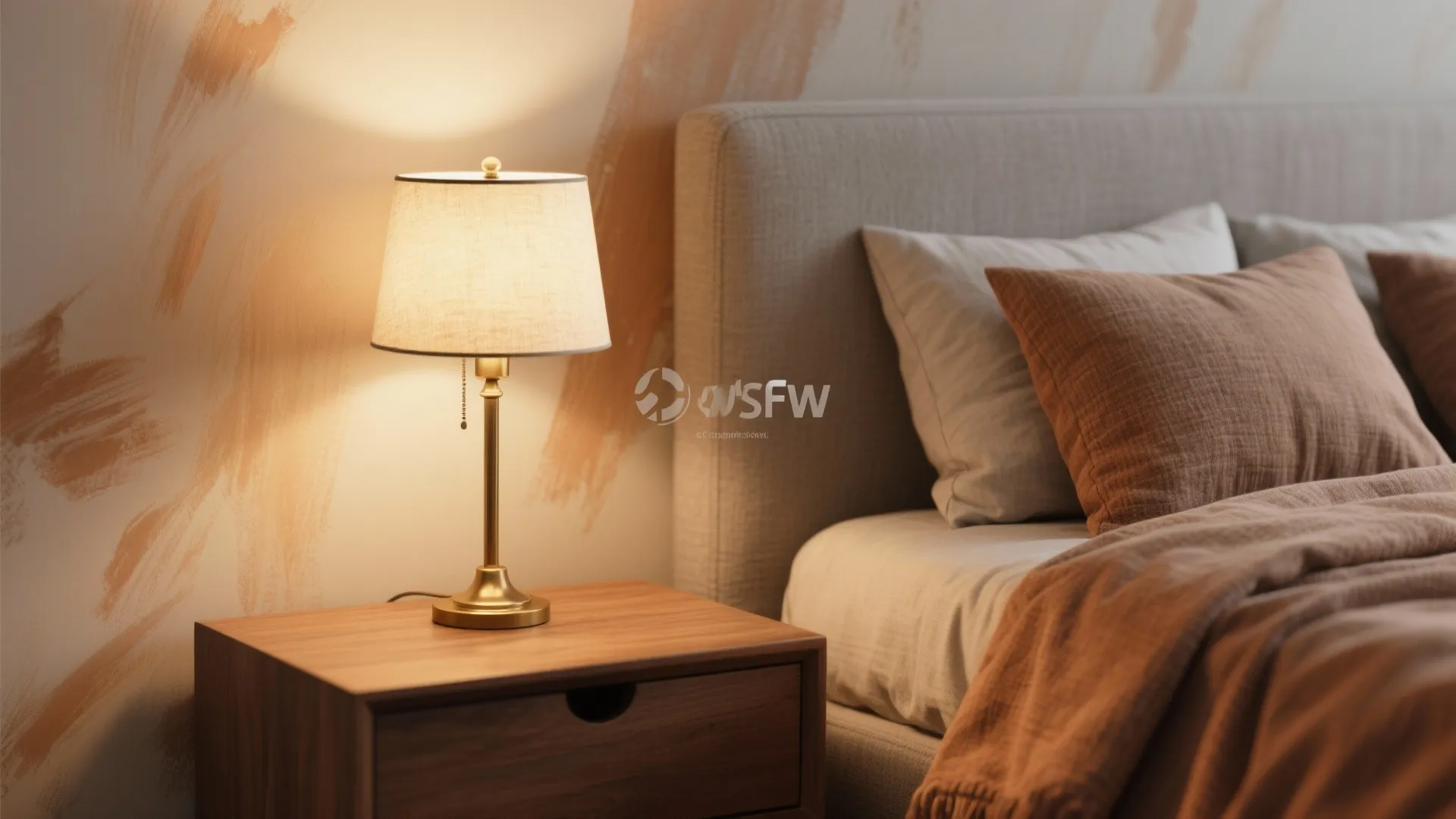 Close up of wooden nightstand with gold table lamp, grey headboard, and warm brown bedding