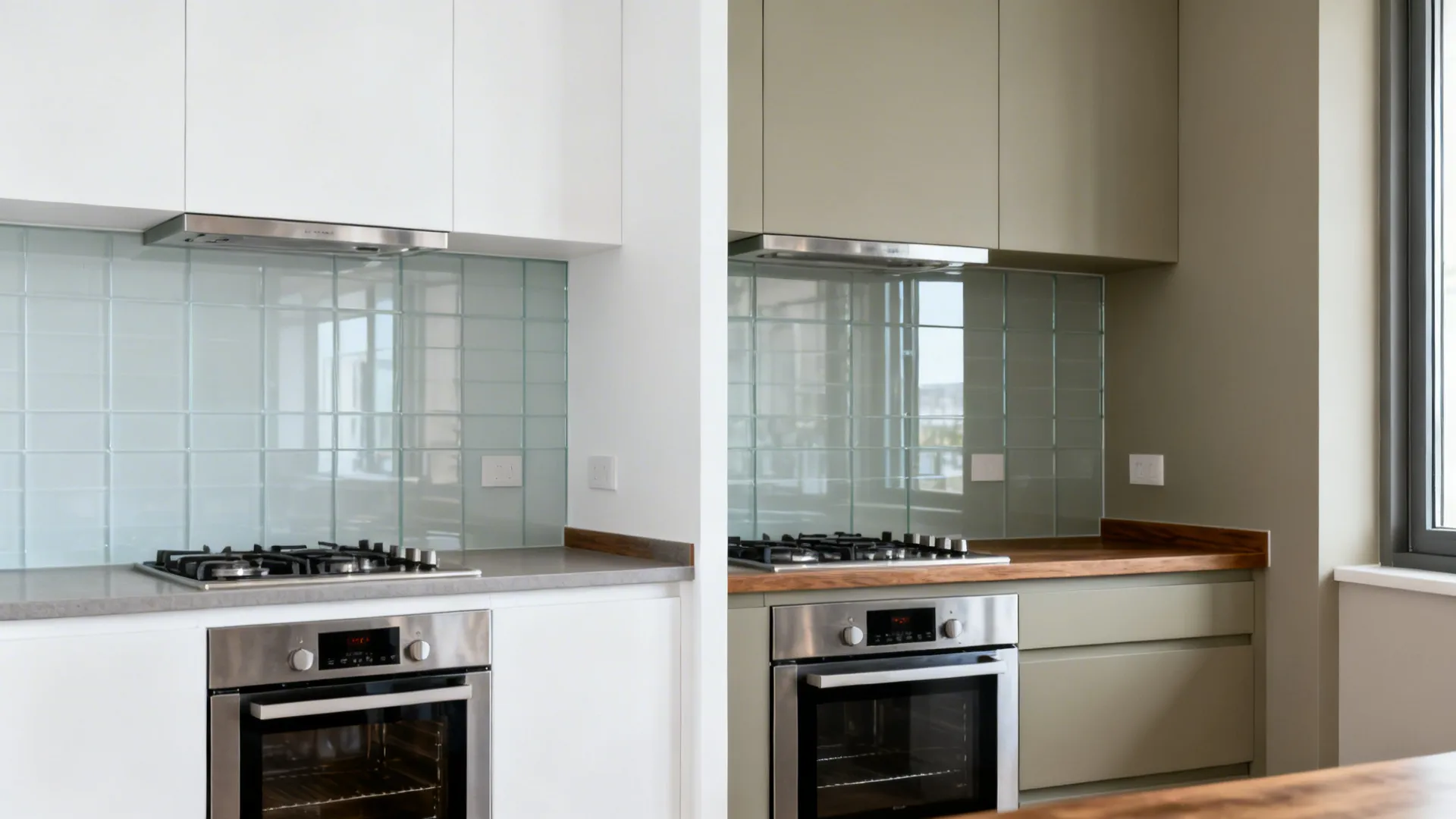 Split view of small kitchen before in stark white and after with warm greige walls.