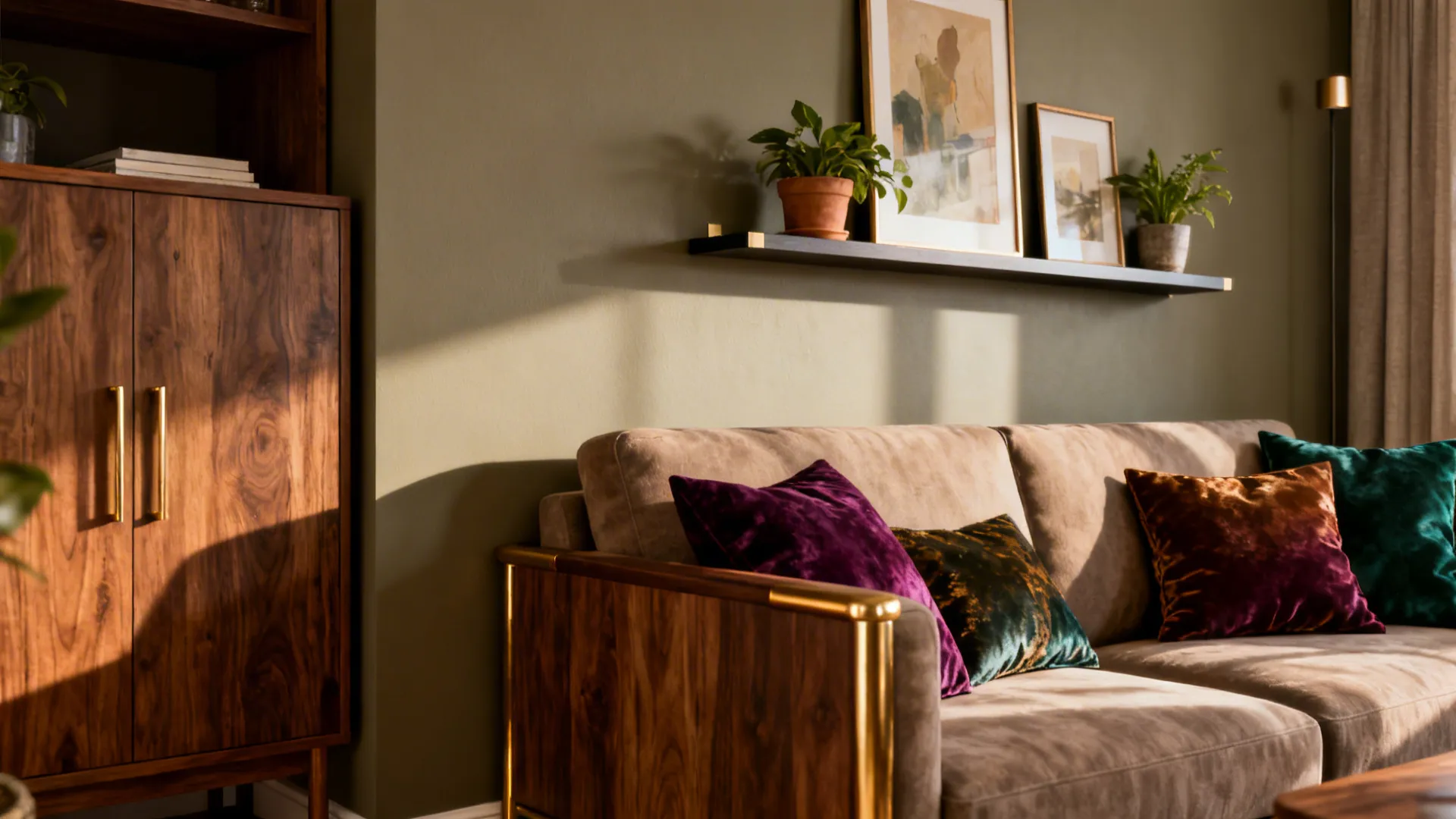 Compact living room with warm greige accent wall, wooden furniture, brass lamp and jewel-toned cushions.