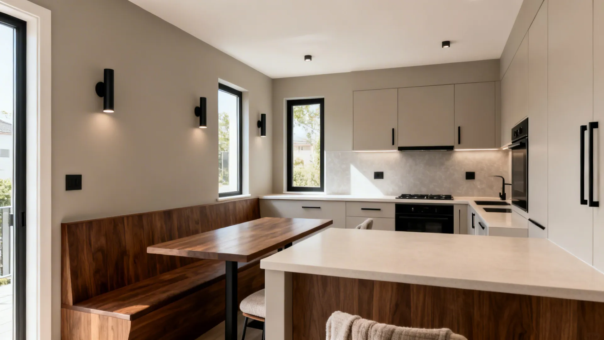 Greige kitchen-dining palette with walnut seating and slim black accents under soft daylight.