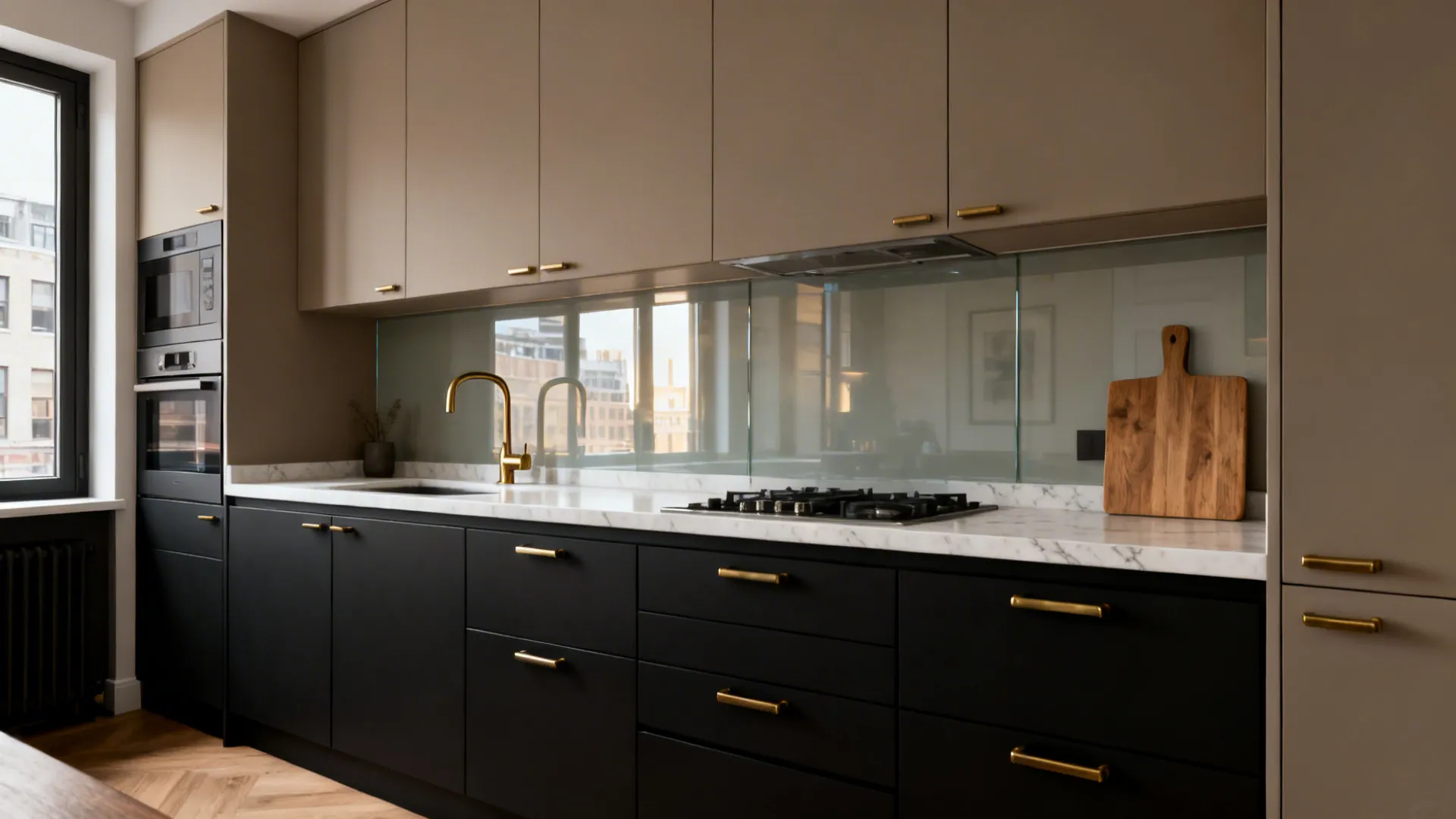 Greige upper cabinets with matte black bases and brushed brass hardware in a calm galley kitchen.