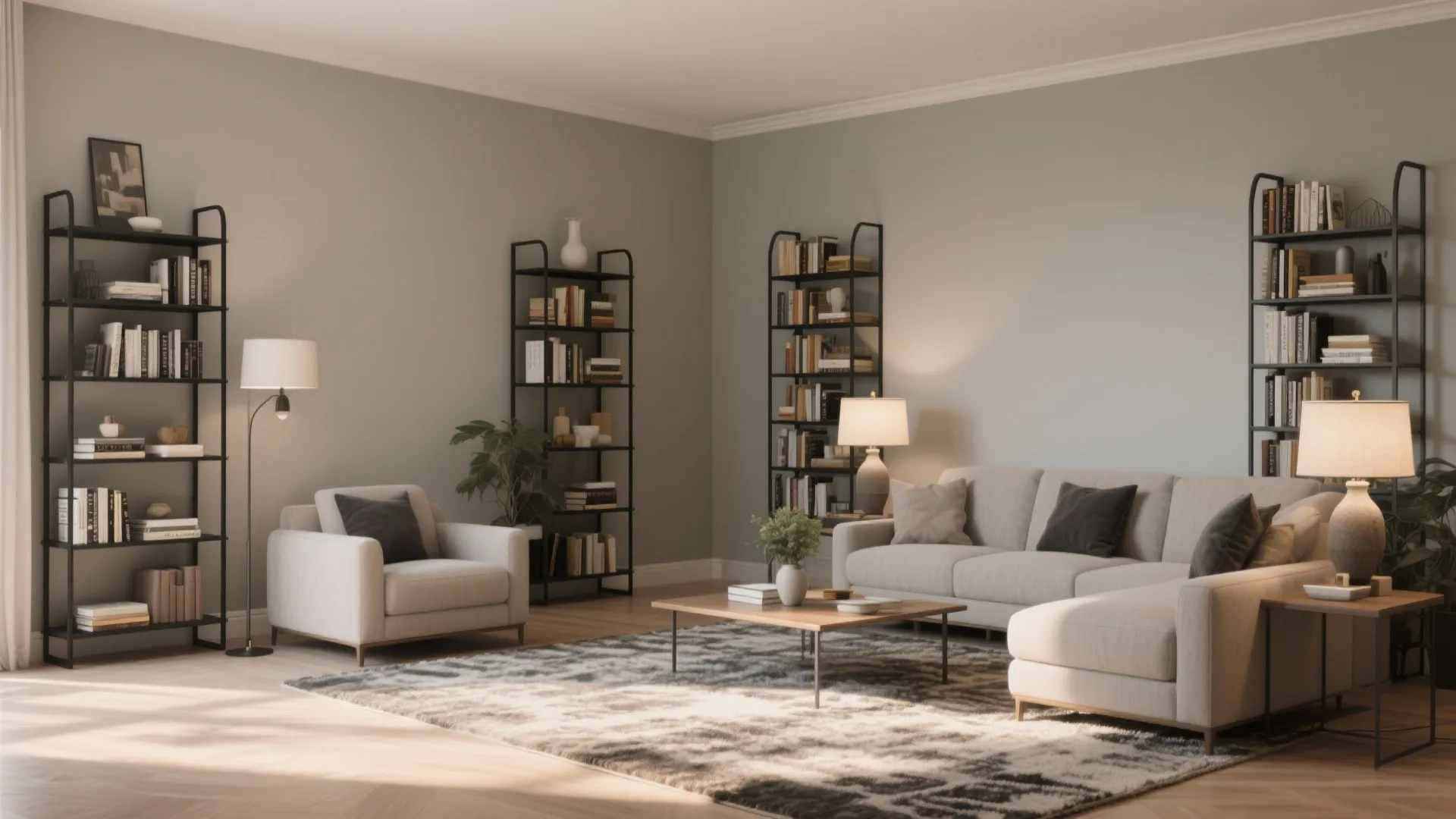 Greige living room with black metal shelves and lamp