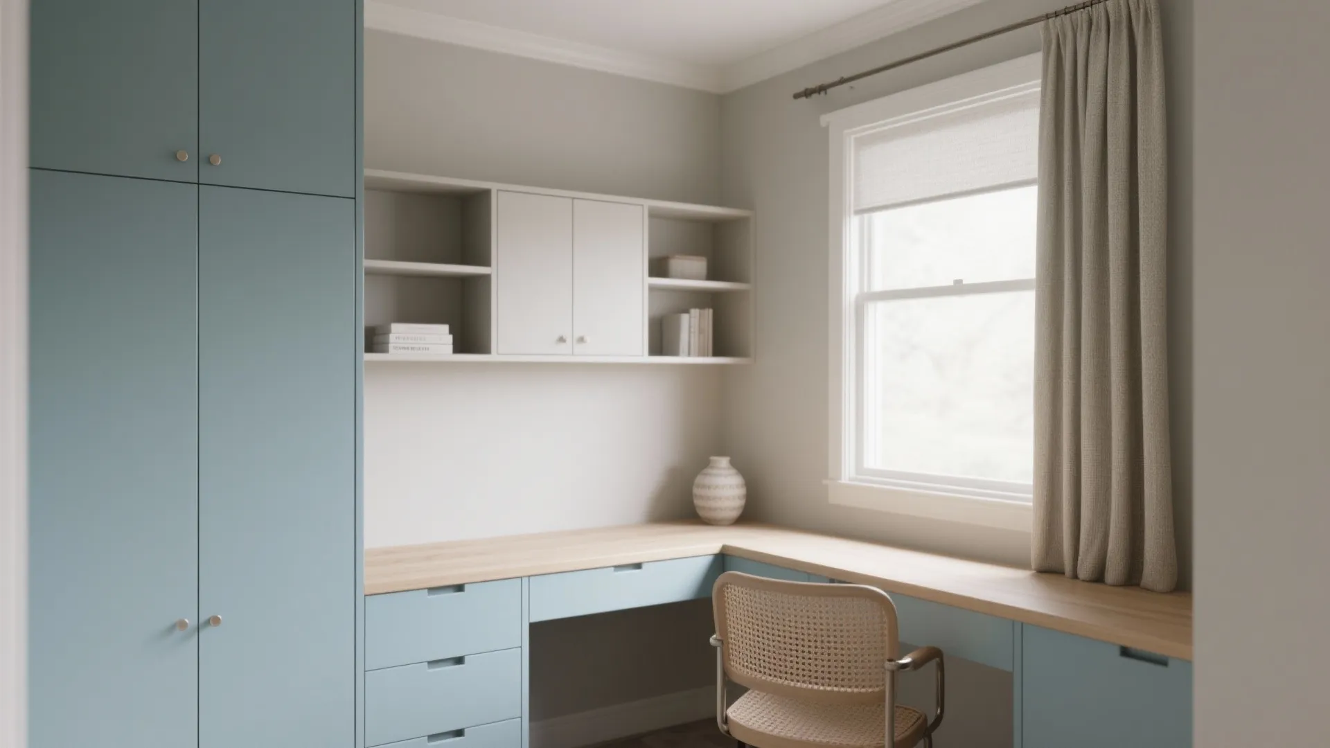 Bright home study area featuring light blue cabinet wooden corner desk chair window and curtain