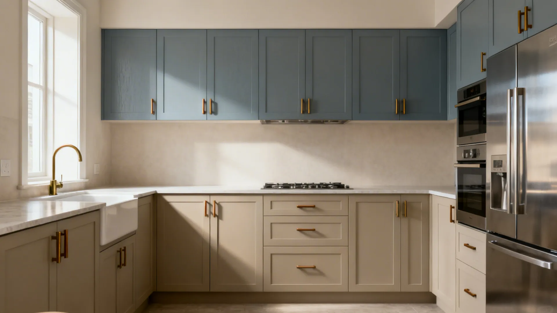 Greige base and muted blue-gray uppers with brushed brass hardware in an open-plan kitchen.