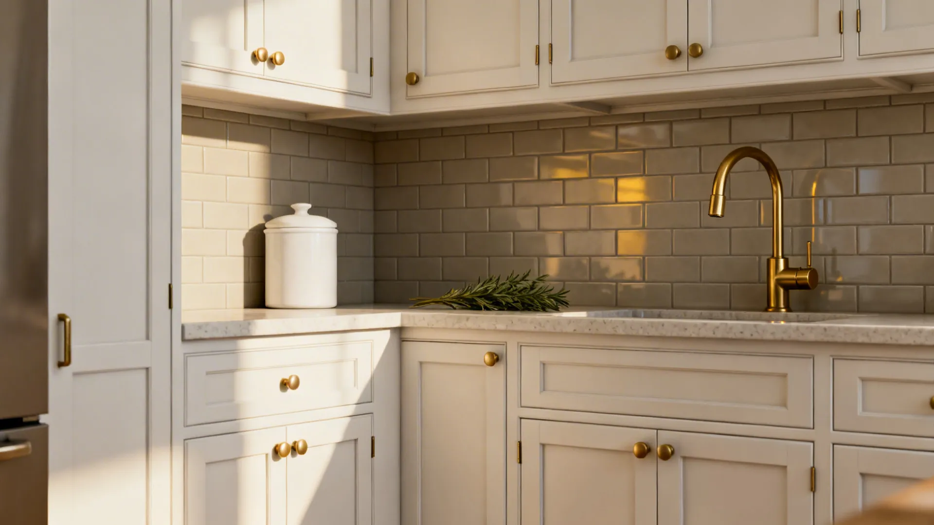 Greige subway tiles with warm white cabinets and brushed brass hardware in a bright small kitchen.