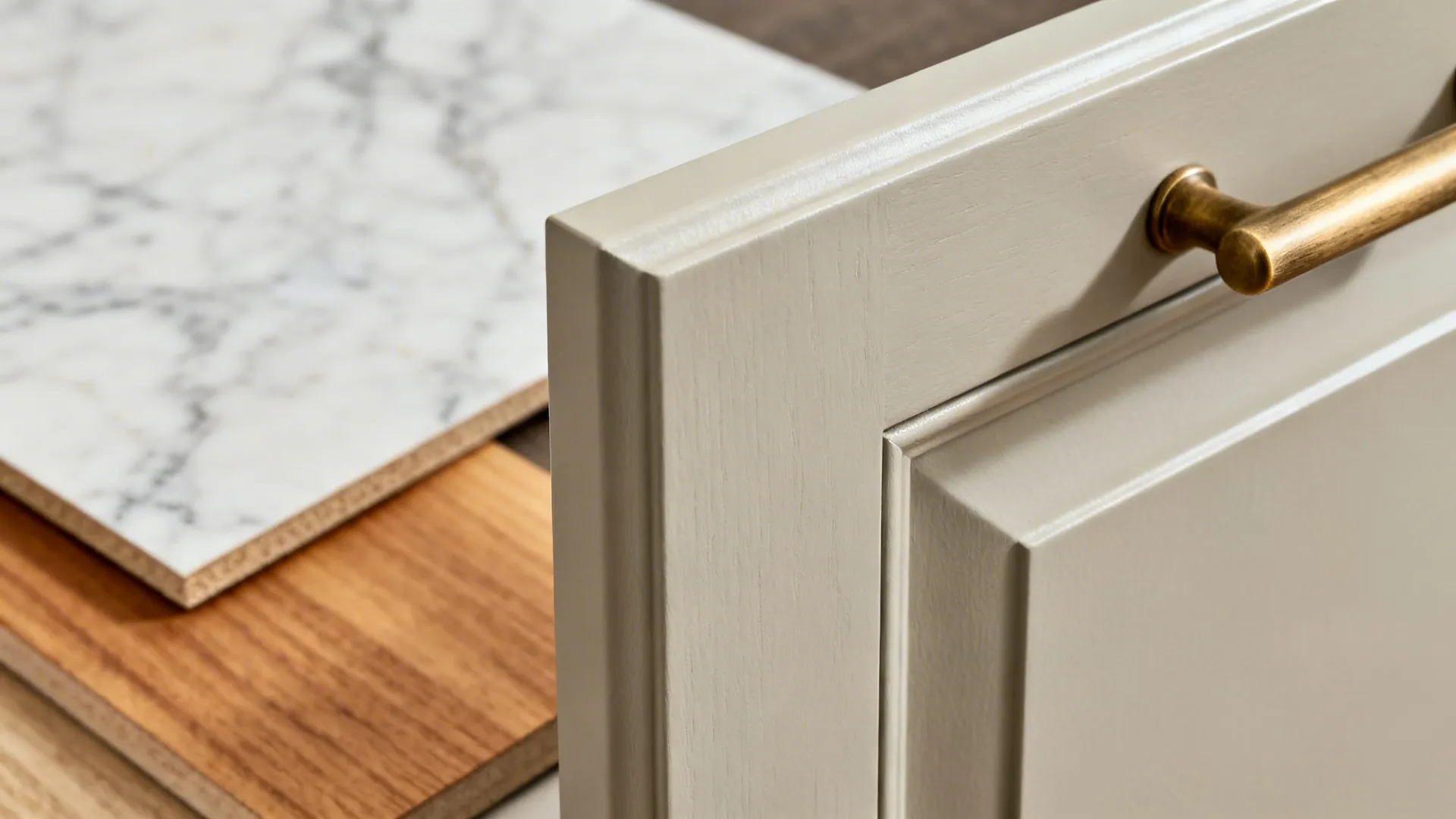 Idea 1: Light Greige Cabinets with Warm Metals